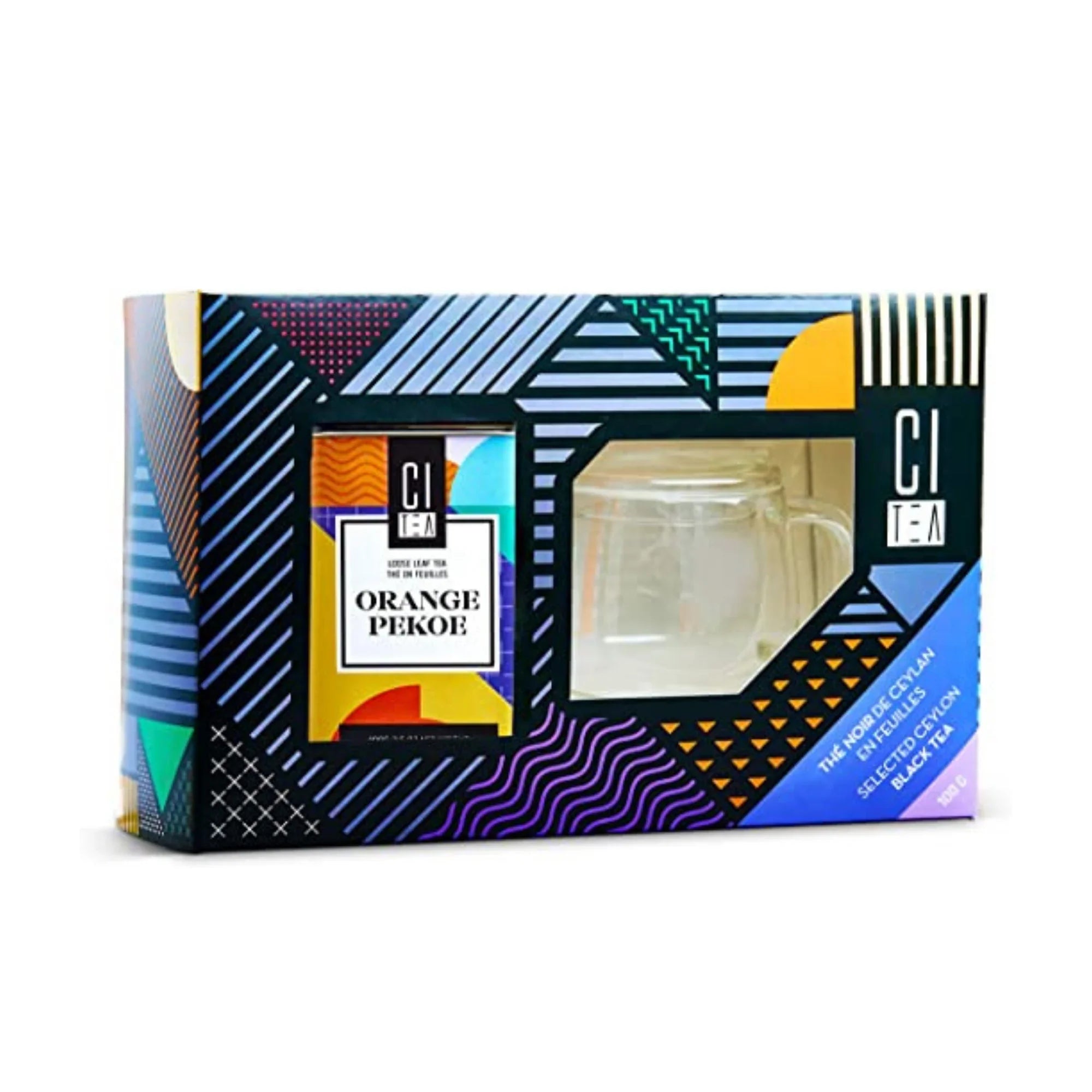 CITEA Orange Pekoe loose leaf tea gift box with geometric design and glass mug visible
