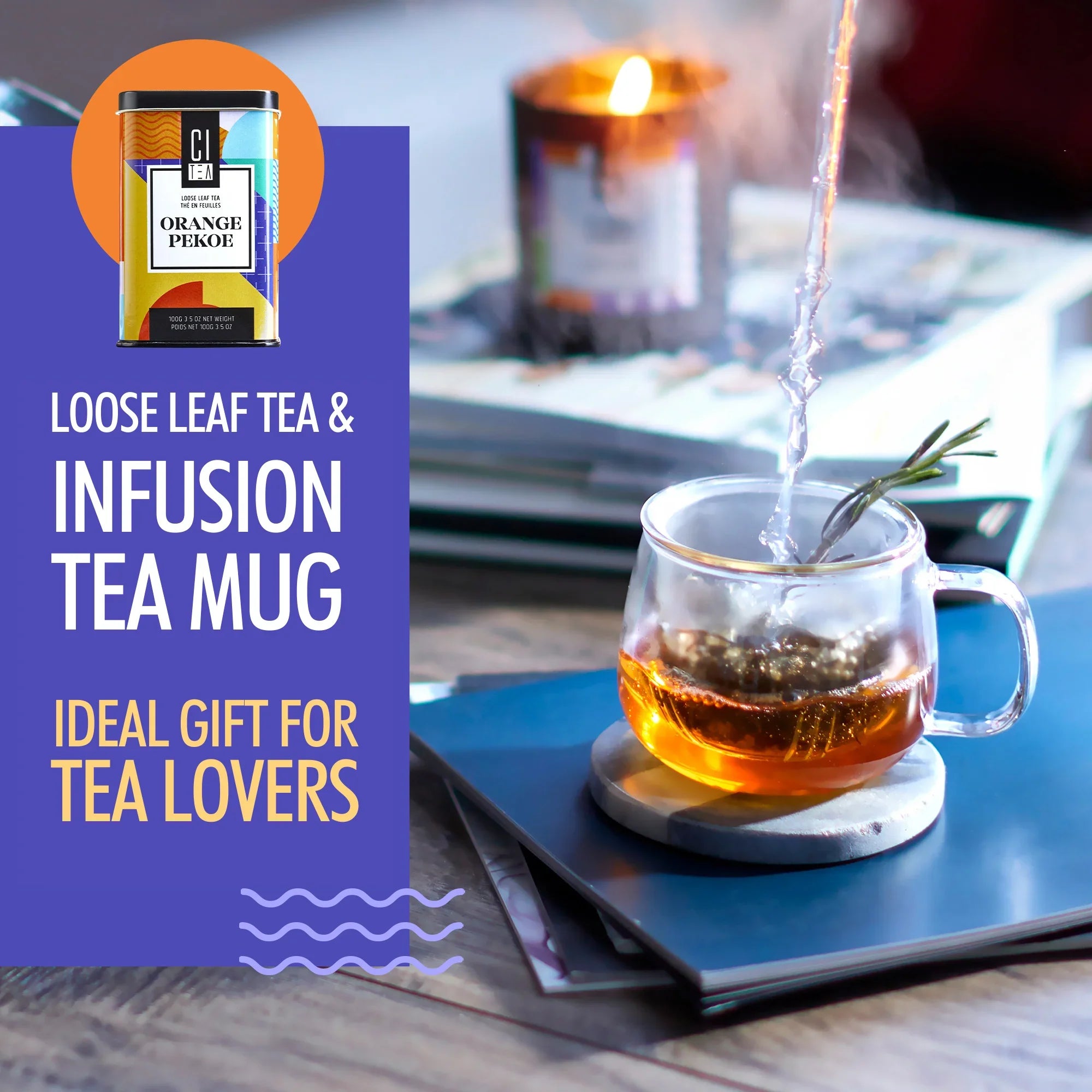 Loose leaf orange pekoe tea and infusion tea mug, ideal tea gift, cozy setting