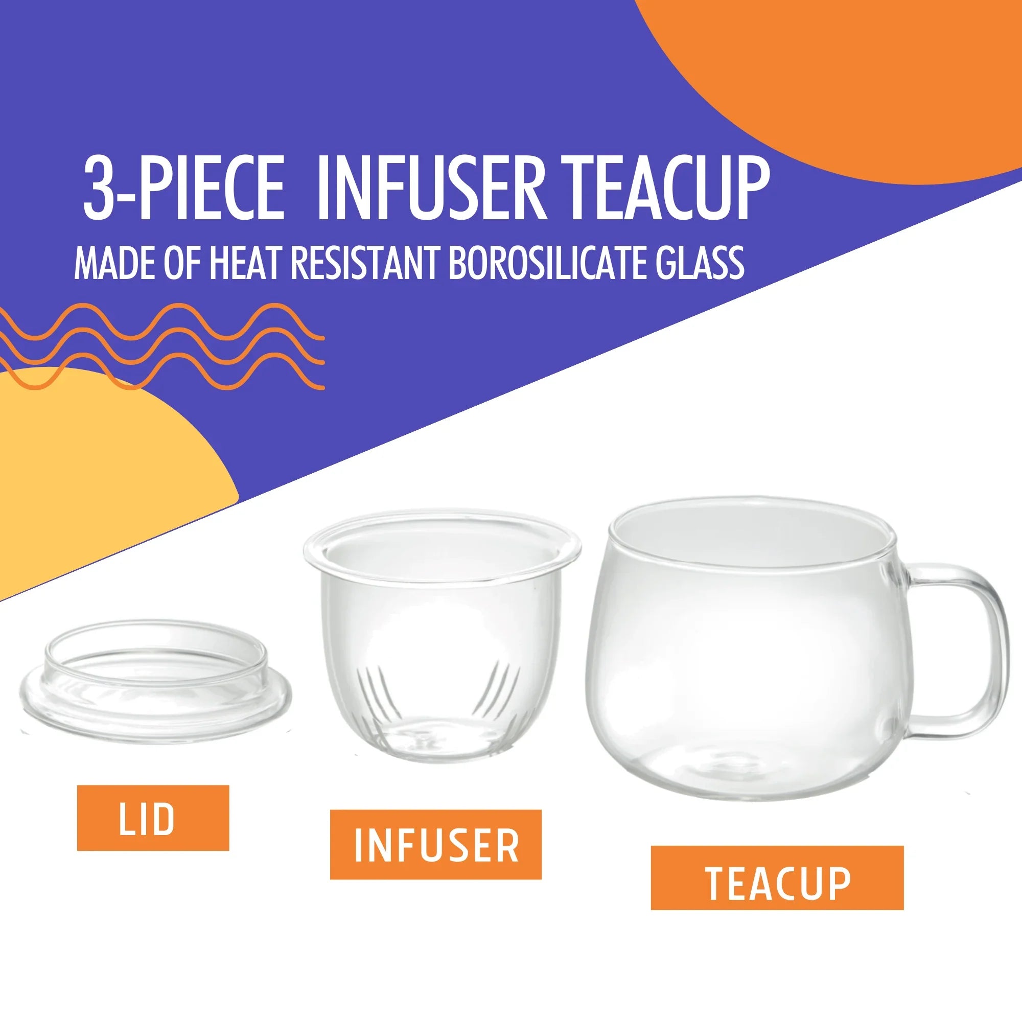 3-piece borosilicate glass infuser teacup with lid, infuser, and teacup labeled