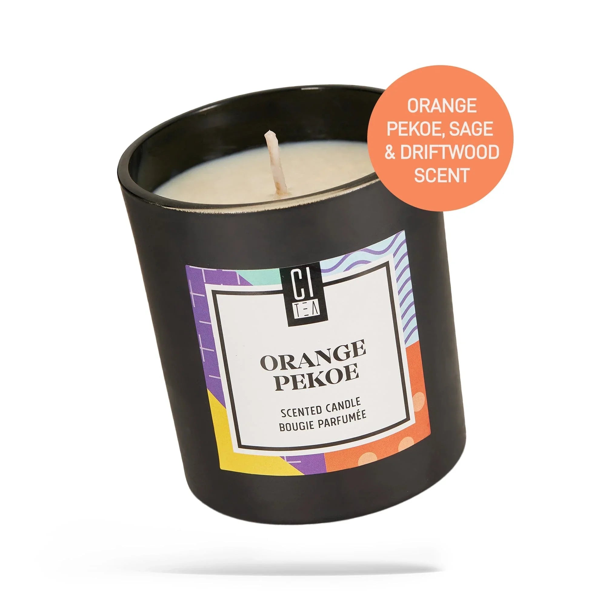 Orange Pekoe soy wax scented candle in black jar with colorful label and scent details