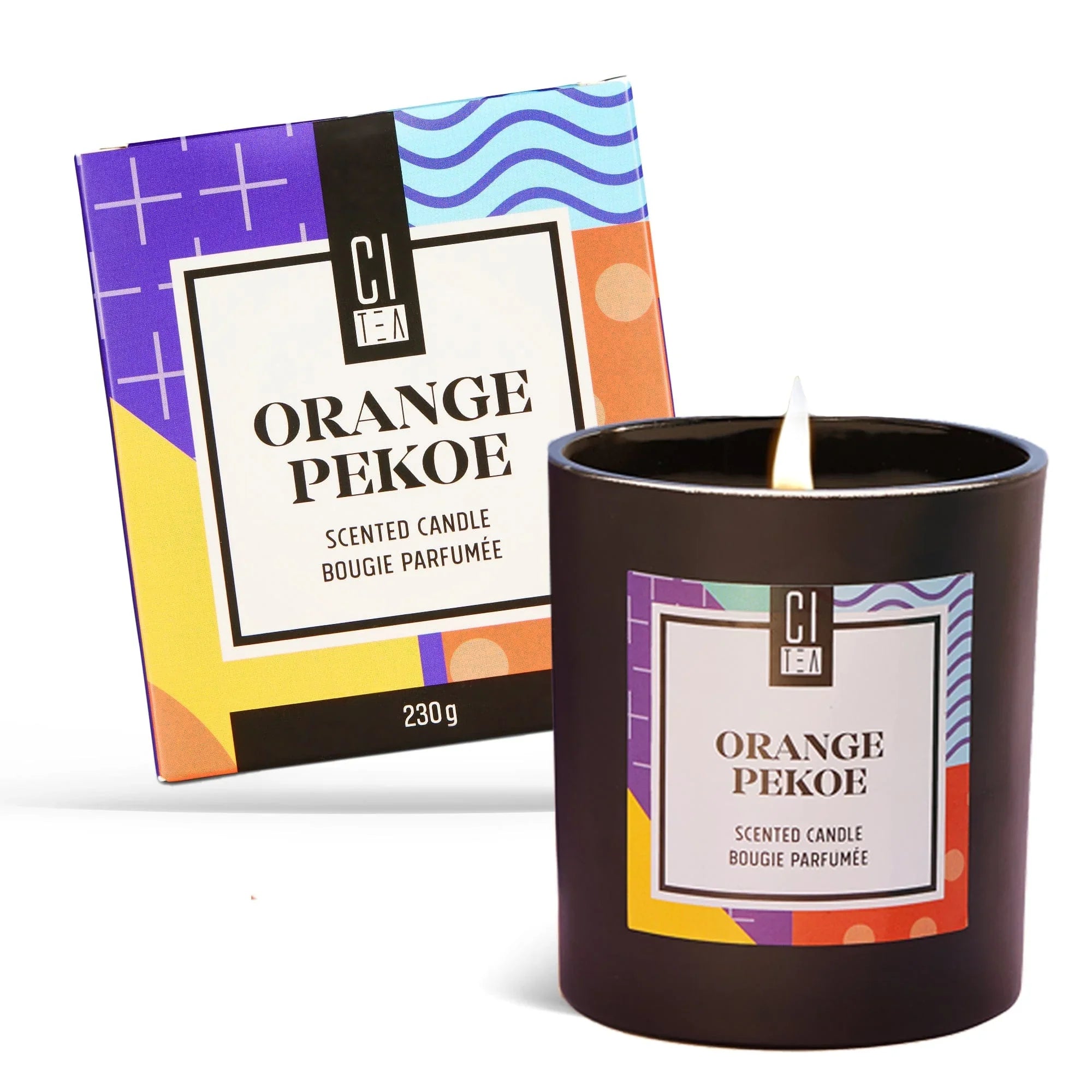 Orange Pekoe soy wax scented candle in black jar with colorful box packaging