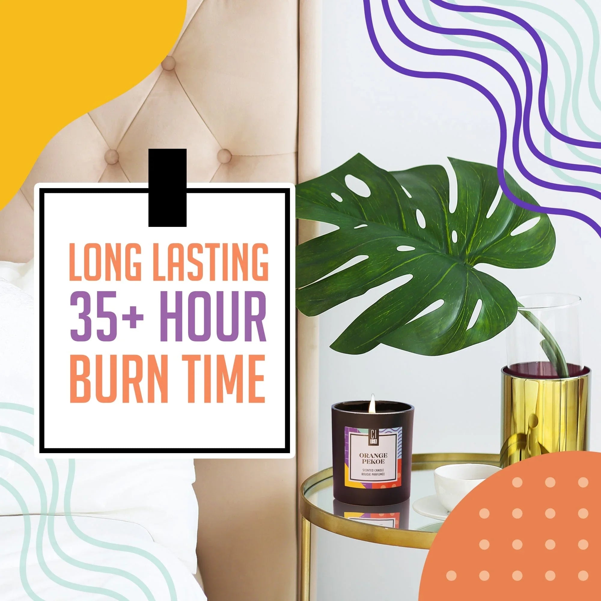 Orange Pekoe soy wax candle burning on gold side table, text highlights 35+ hour burn time.
