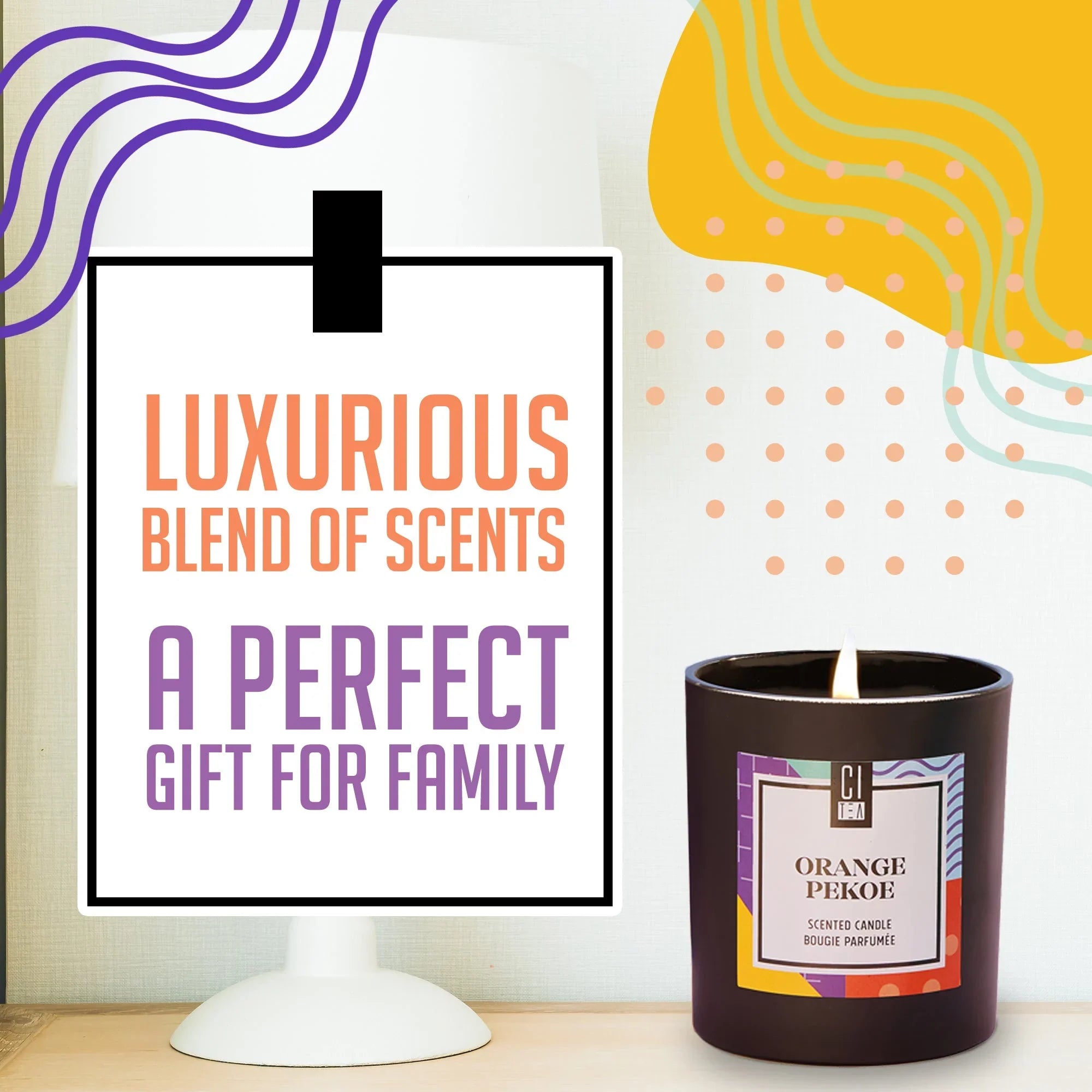 Orange Pekoe soy wax candle in black jar on table, modern graphic text highlighting luxurious scent
