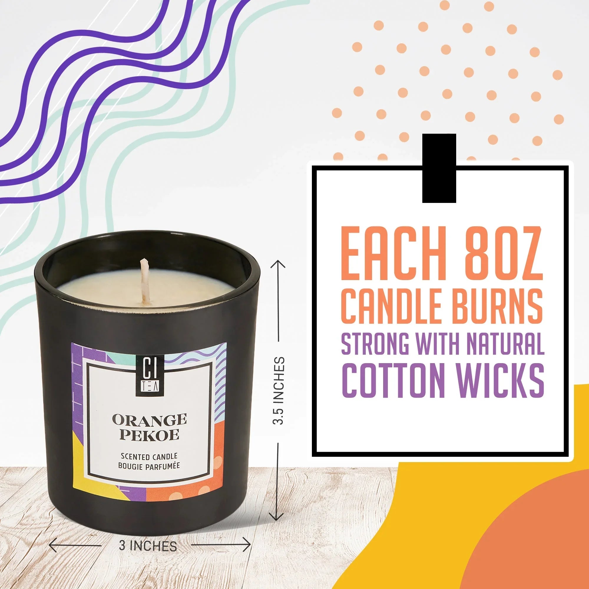 Orange Pekoe soy wax candle in black jar, 3.5 by 3 inches, natural cotton wick