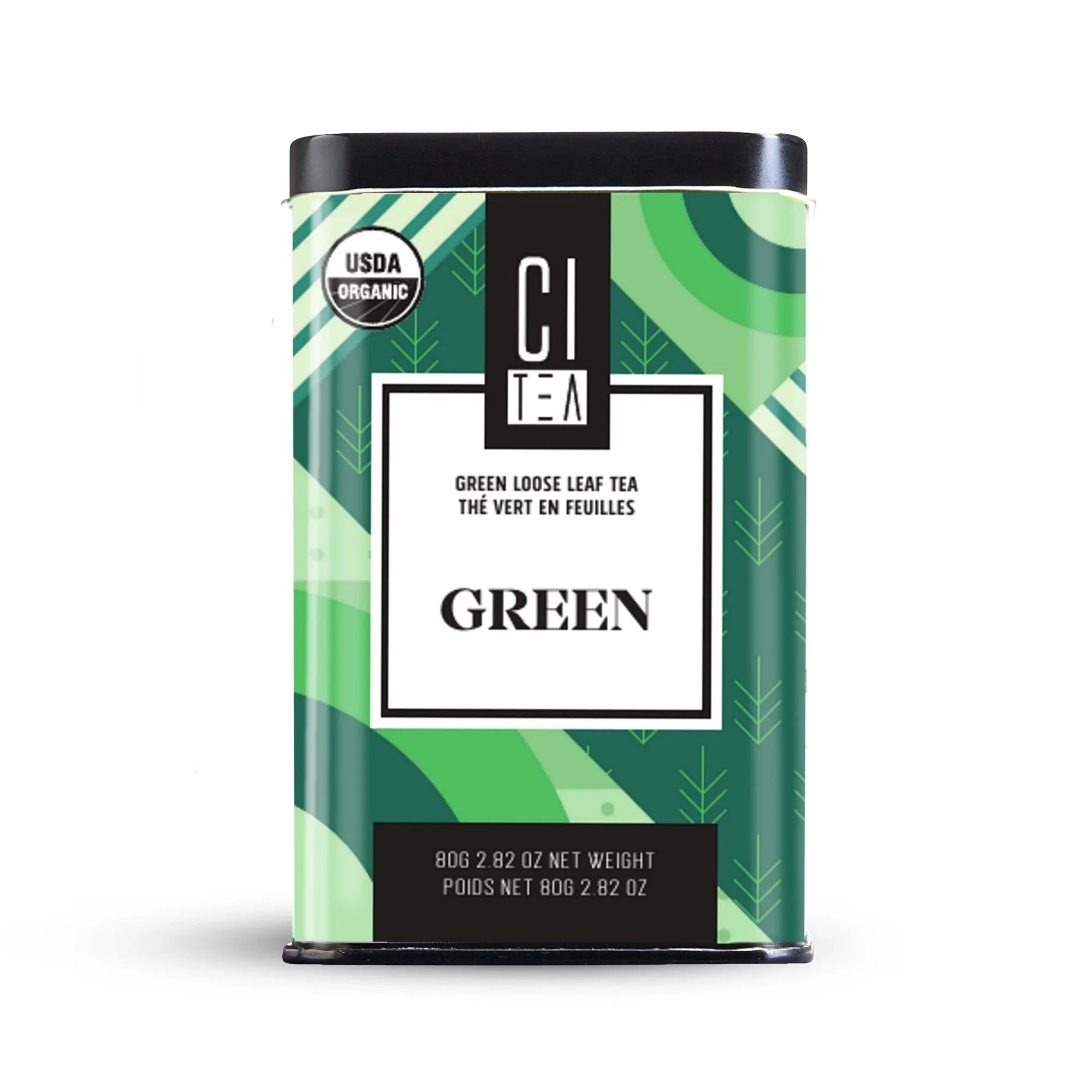 CI TEA green loose leaf organic tea tin with green leaf design and USDA Organic label