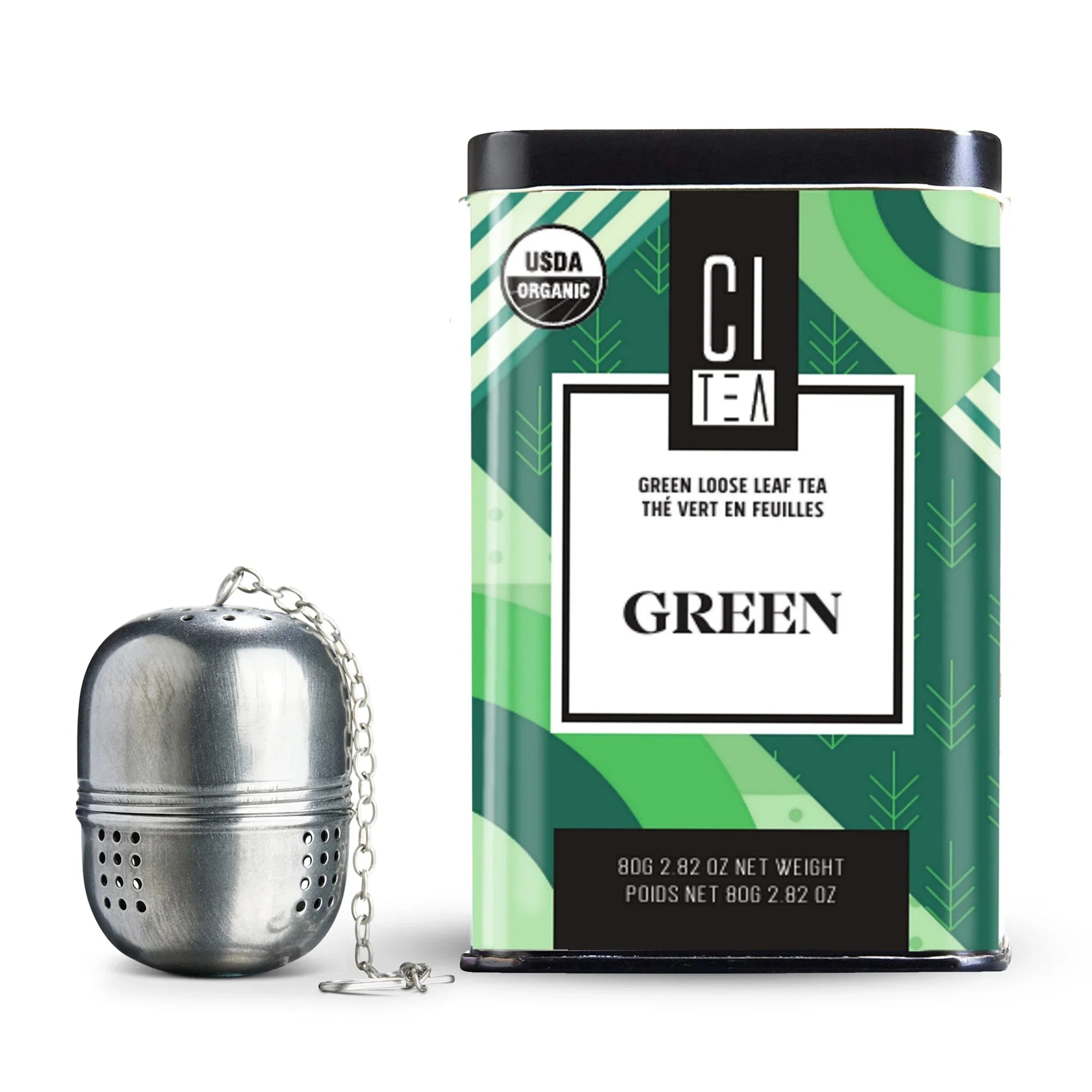 Organic green loose leaf tea tin with stainless steel tea infuser ball