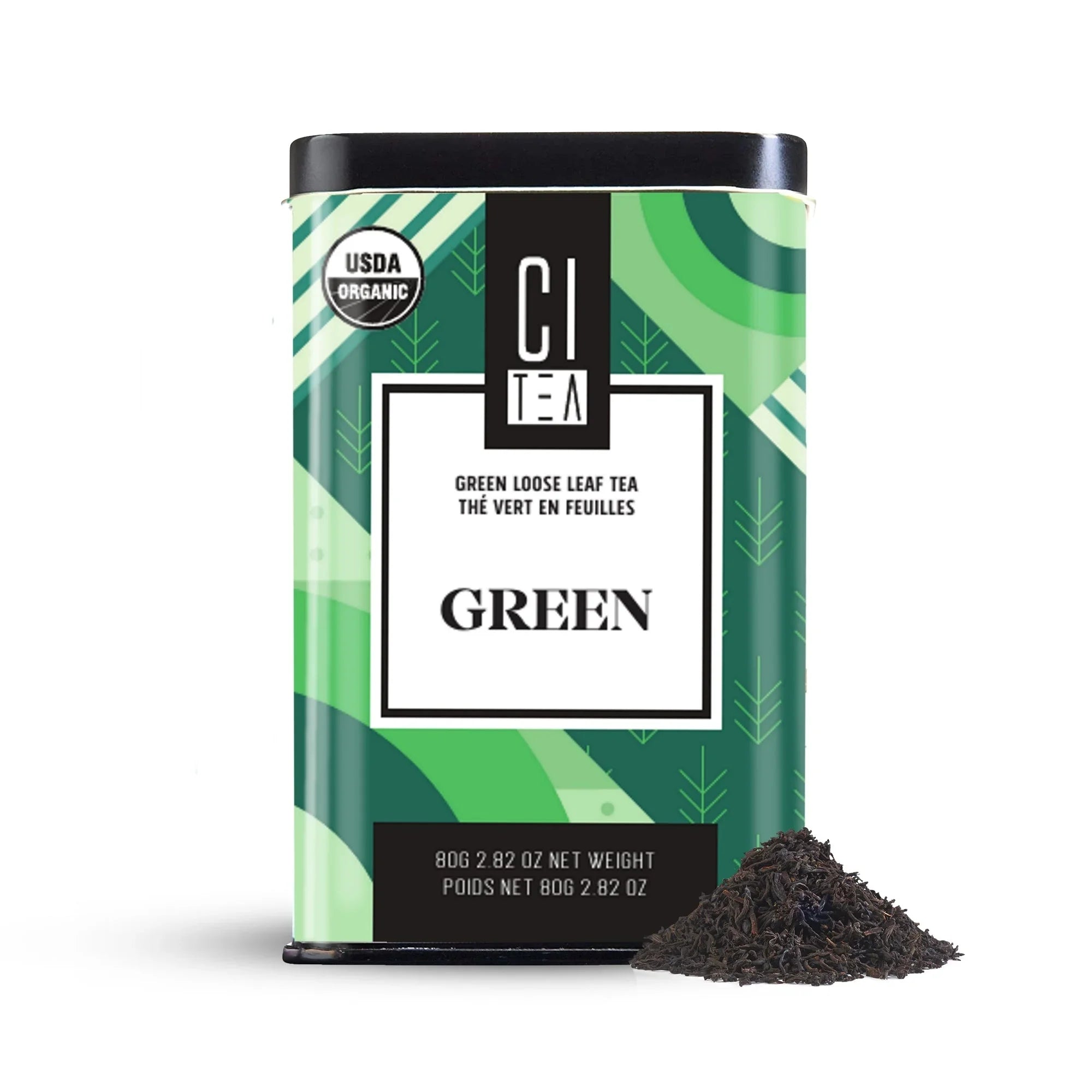 CITea green loose leaf tea tin with modern green design and USDA organic label, tea leaves beside
