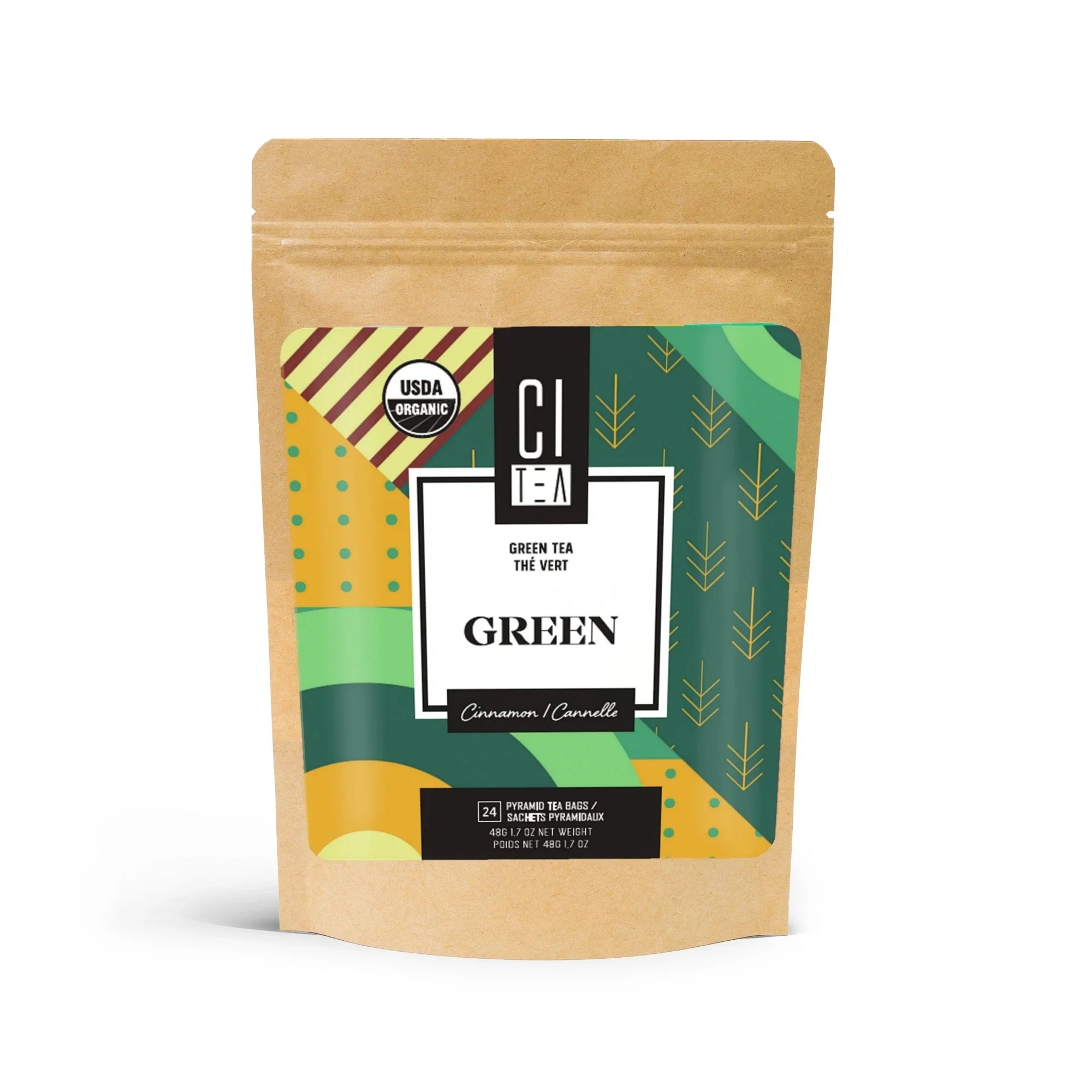 Cinnamon green tea in eco-friendly pouch, USDA organic, modern geometric label design