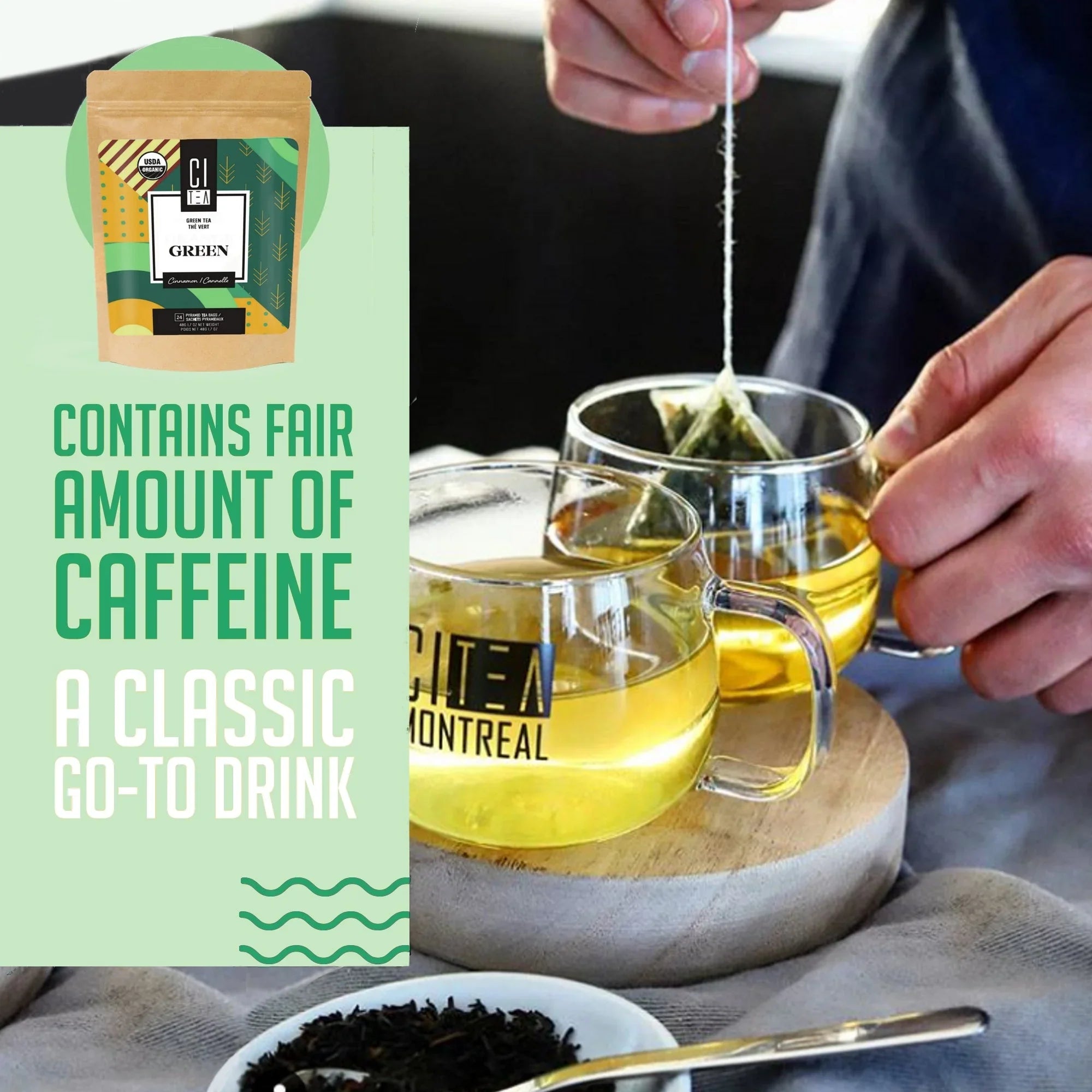 Brewing green tea with pyramid tea bags in clear glass mugs, CI Tea Montreal packaging visible
