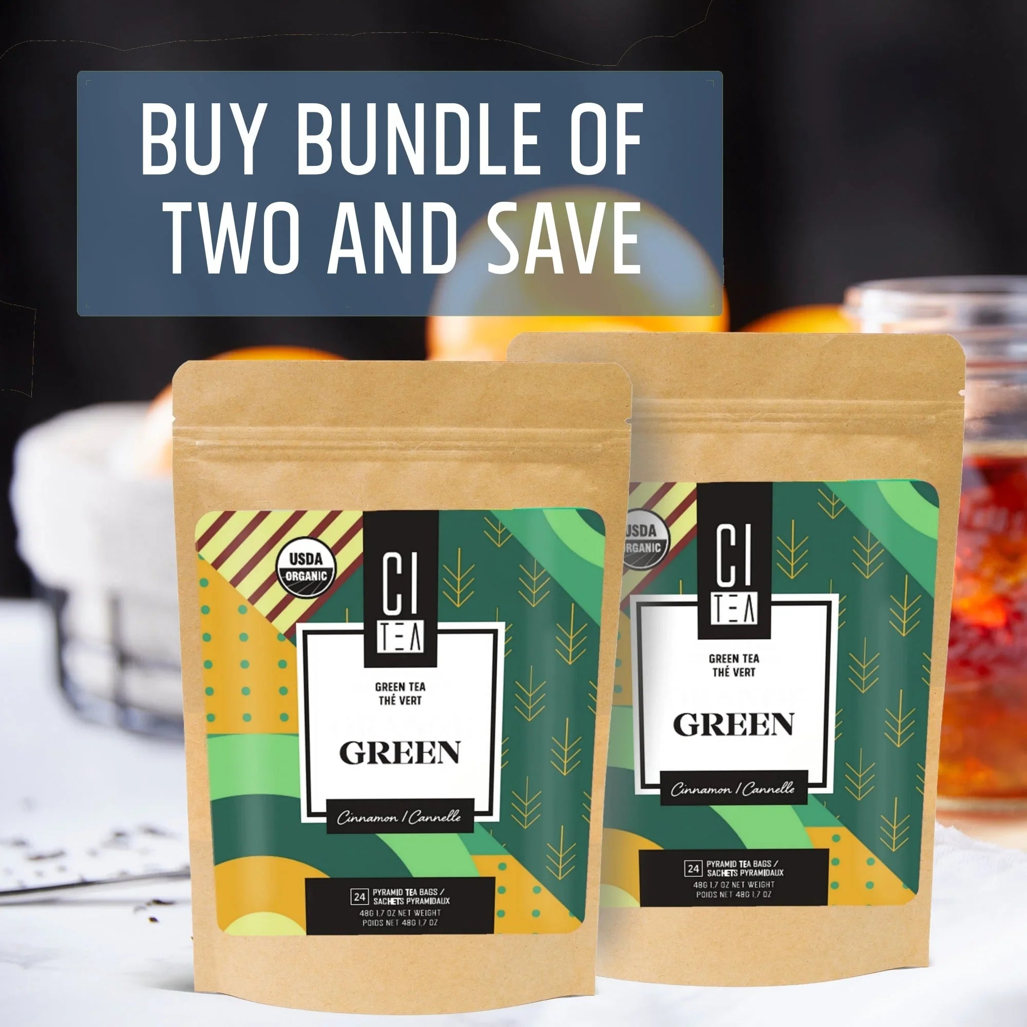 Two Citea organic green tea bags with cinnamon flavor on table, buy bundle of two and save