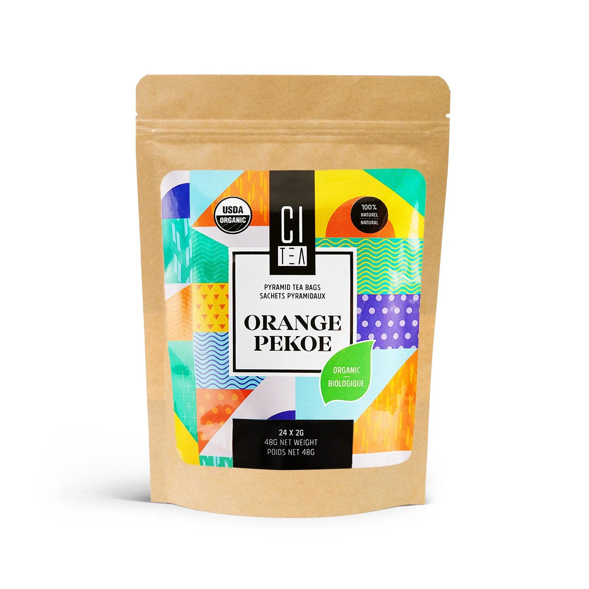 Organic Orange Pekoe tea bags in colorful resealable packaging, labeled USDA Organic.