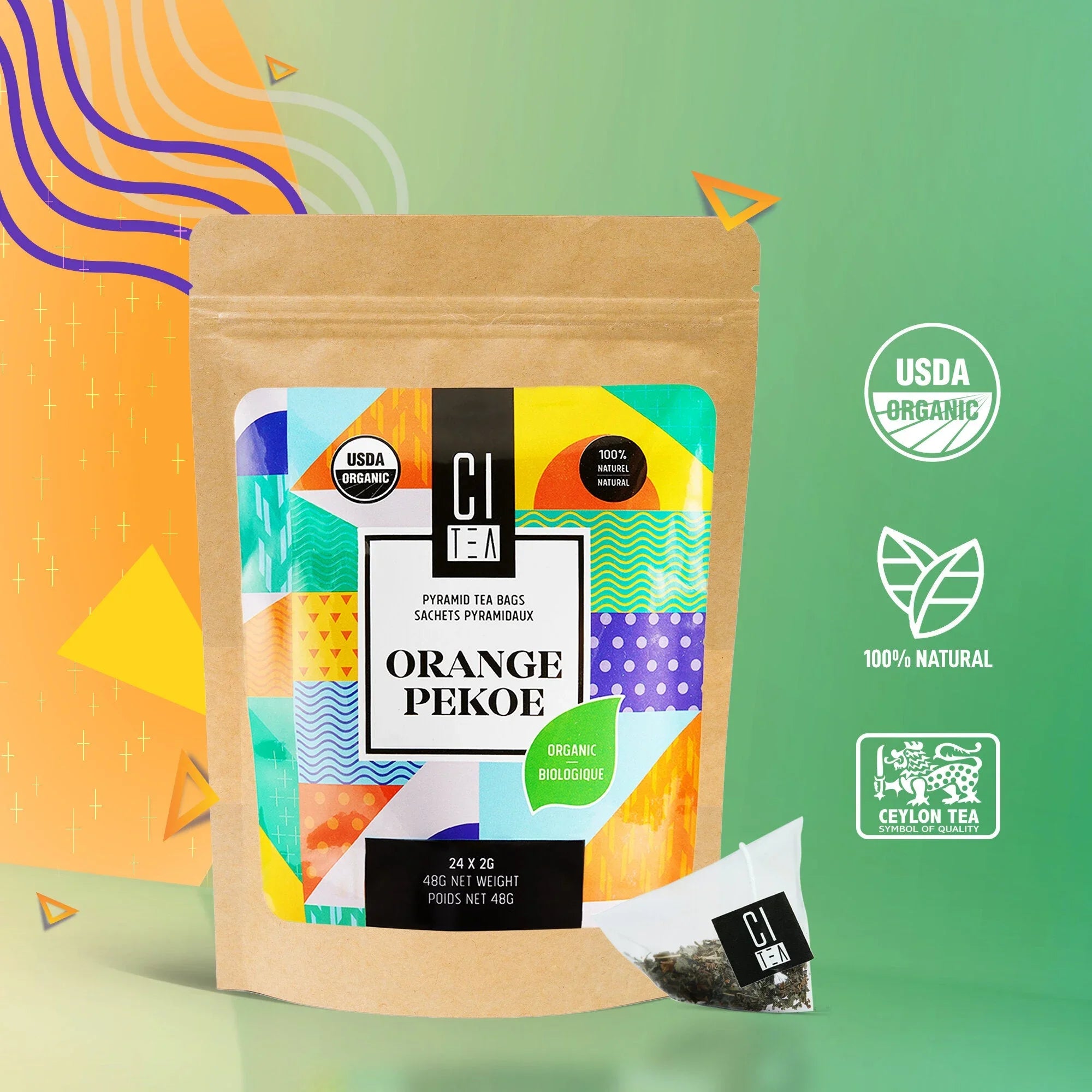 Organic Orange Pekoe tea bags in colorful packaging, USDA organic, 100% natural Ceylon tea