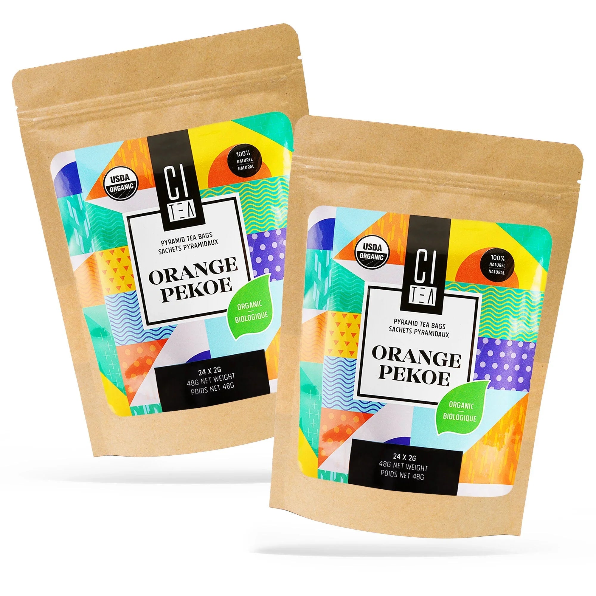Two colorful CI TEA Orange Pekoe organic pyramid tea bags in kraft paper packaging
