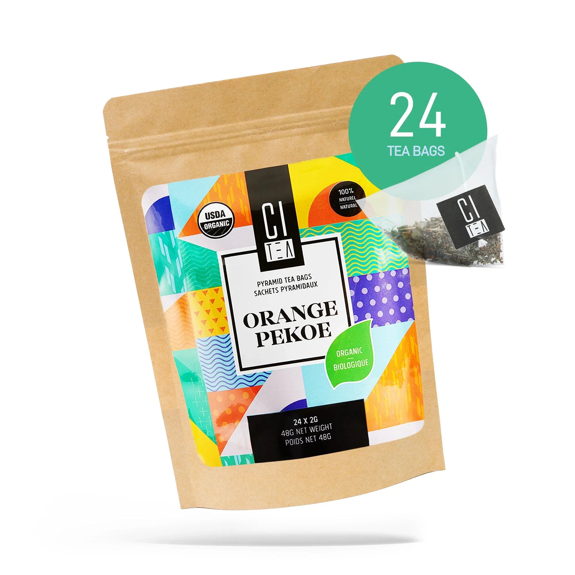 Orange Pekoe organic tea 24 pyramid bags in colorful resealable package