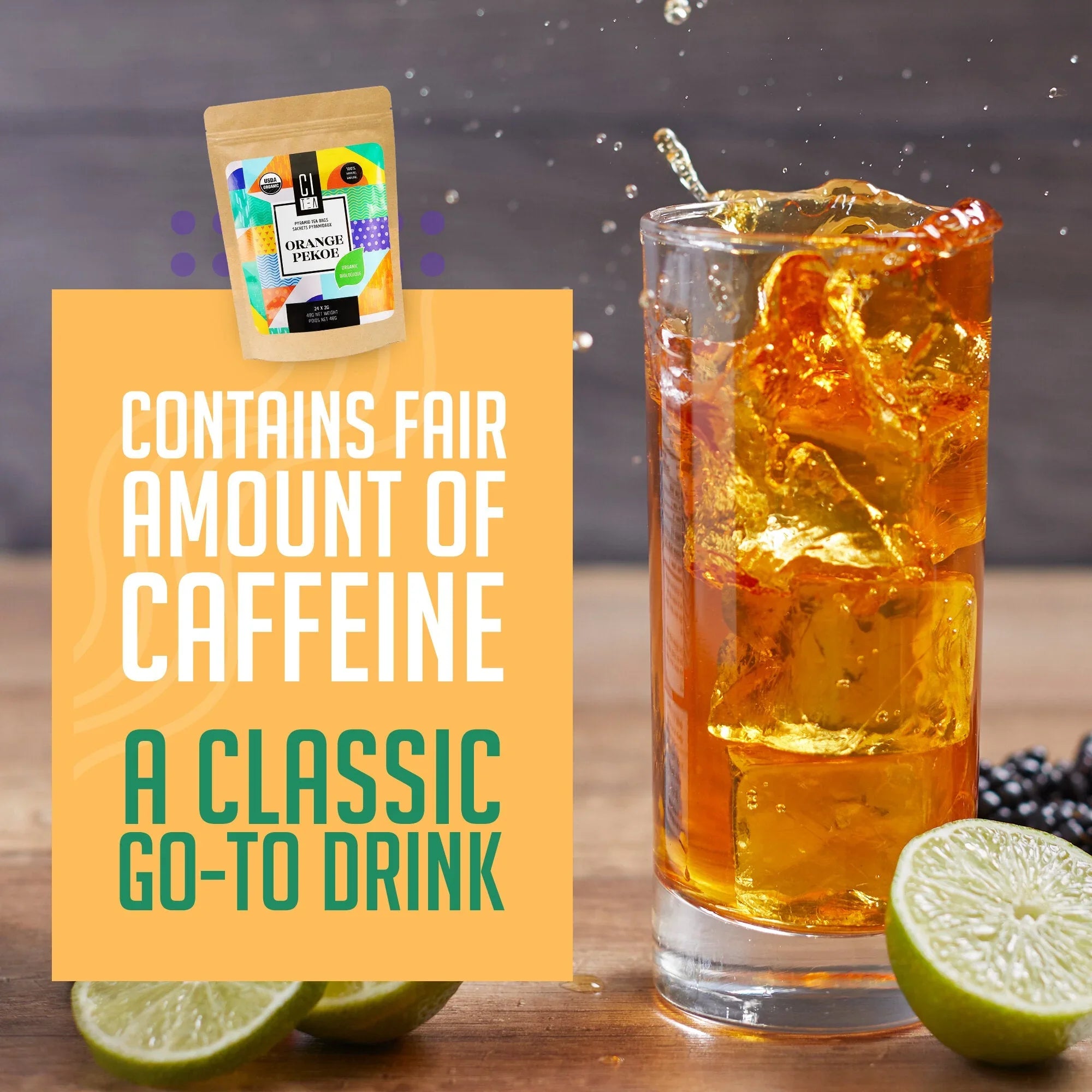 Orange Pekoe tea in a glass with ice, lime slices, and product packaging, classic tea drink
