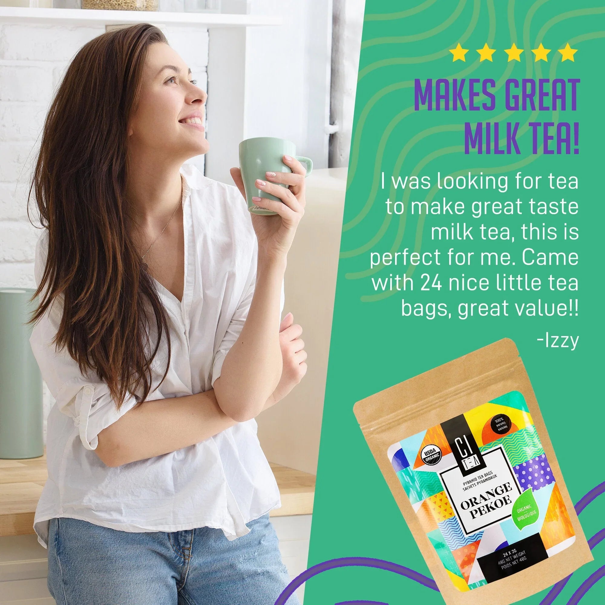 Woman enjoying tea, Orange Pekoe tea bag packaging, milk tea review, kitchen setting