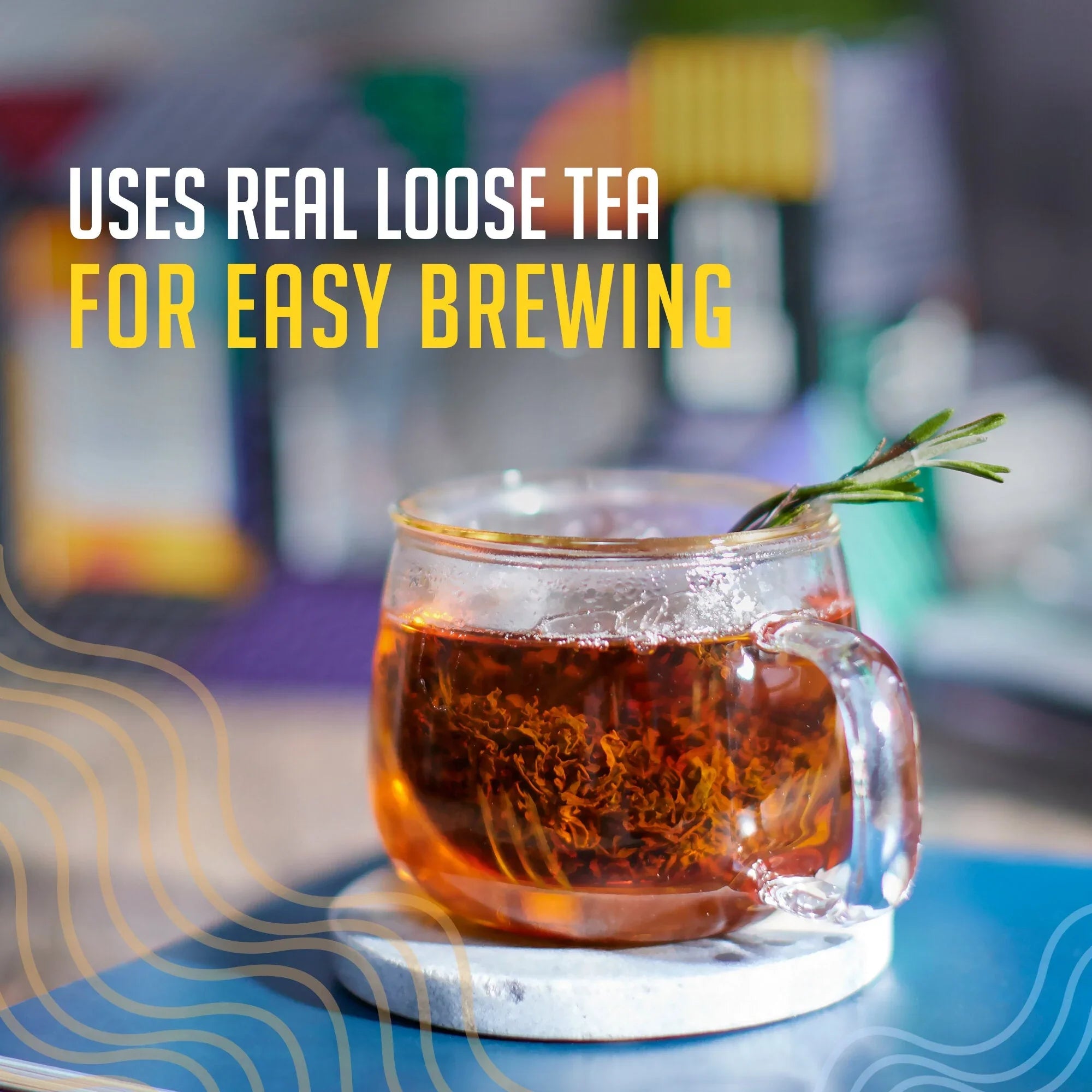 Glass cup of loose leaf orange pekoe tea on saucer with rosemary garnish, text overlay about easy brewing.