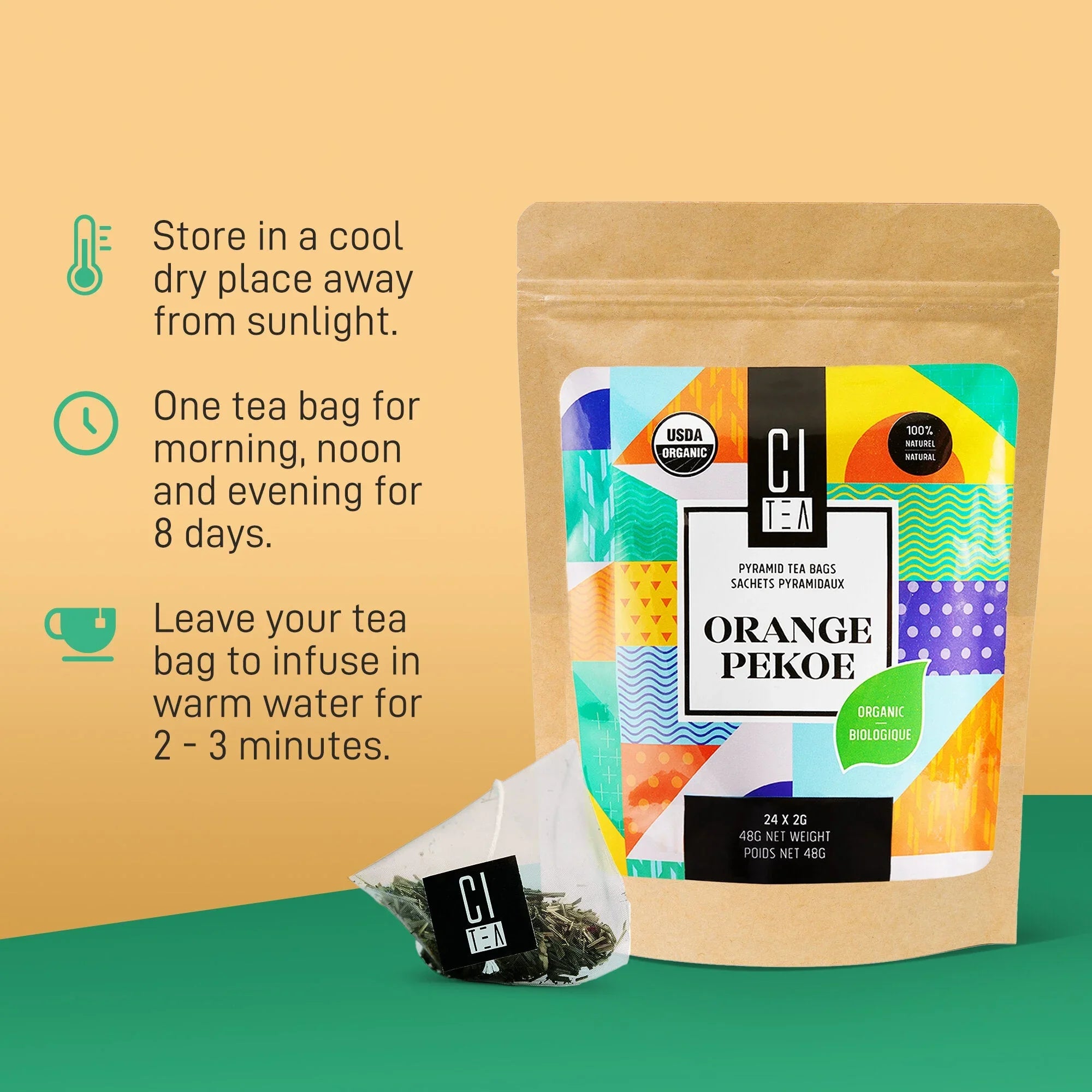 Organic Orange Pekoe tea bag and colorful packaging with brewing and storage instructions