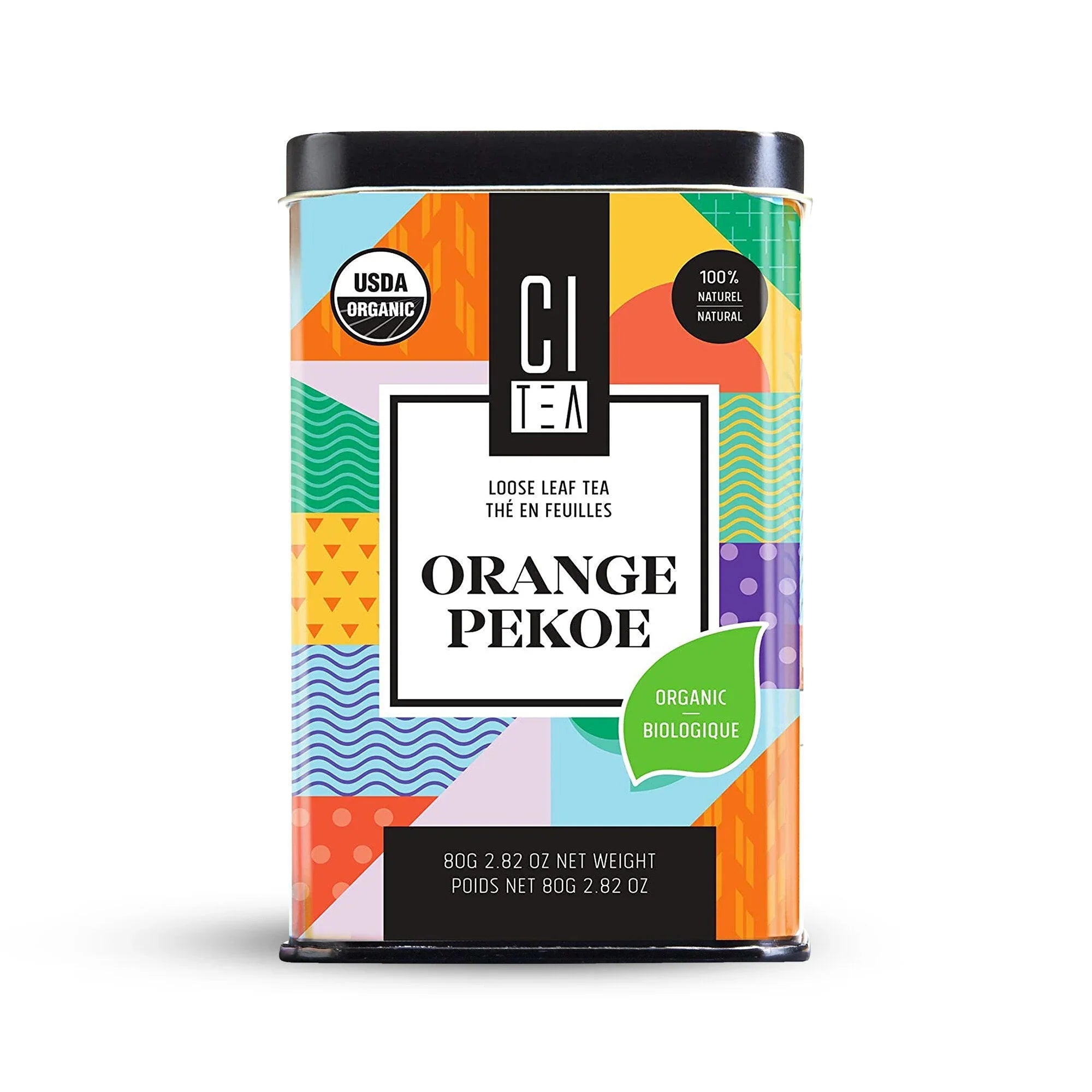Citea Orange Pekoe organic loose leaf tea tin with colorful geometric label