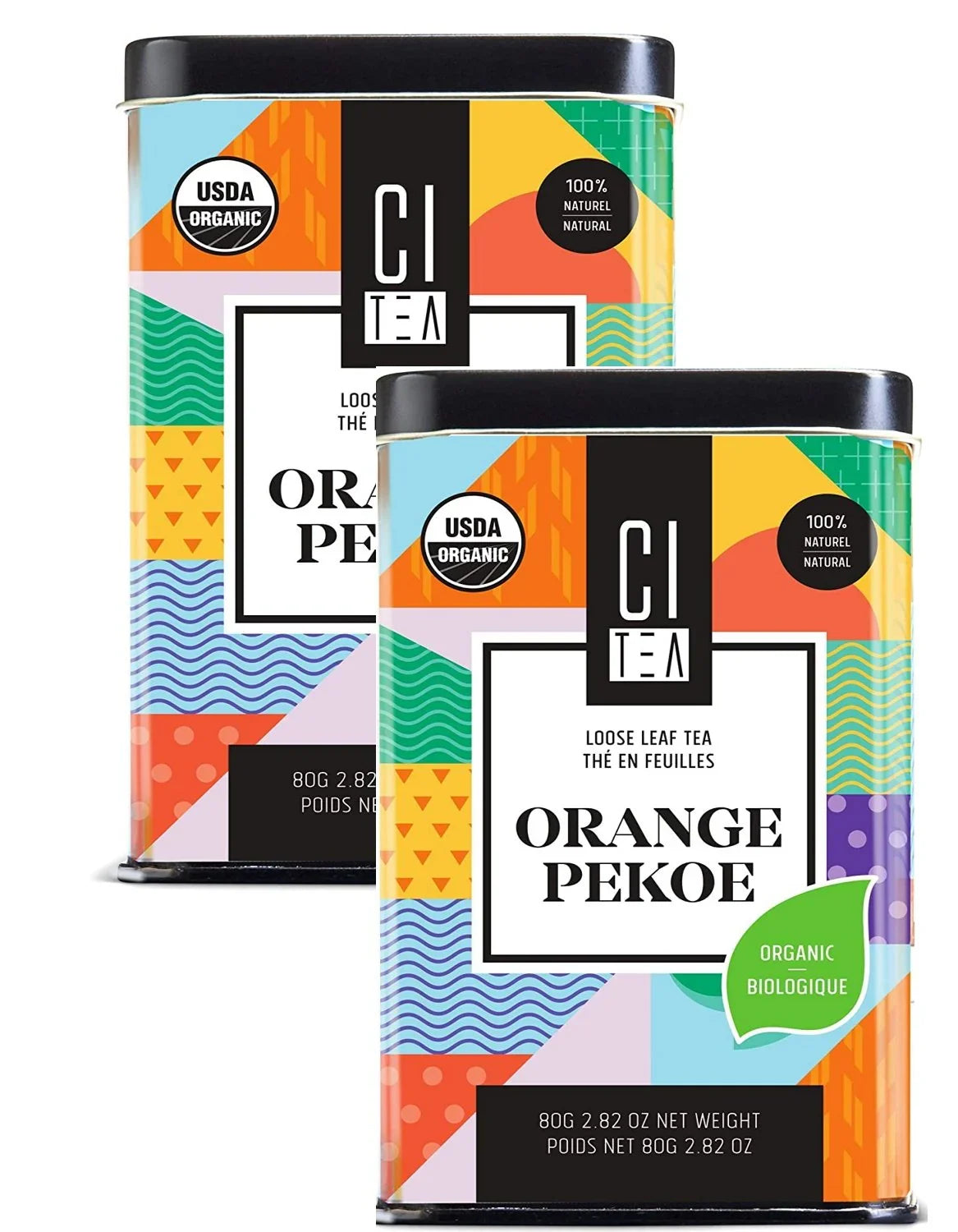 Two CI Tea organic Orange Pekoe loose leaf tea tins with colorful geometric design