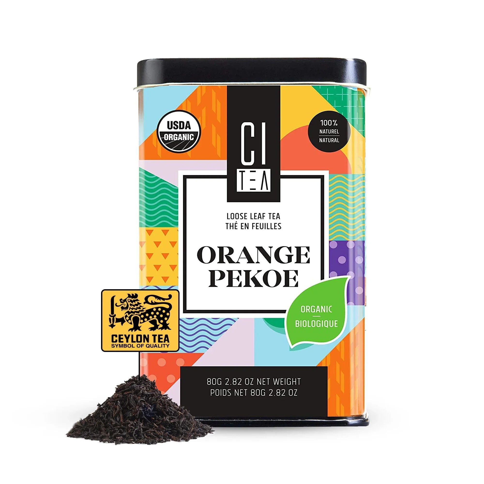 CITea Orange Pekoe organic loose leaf tea tin with colorful design and tea leaves pile