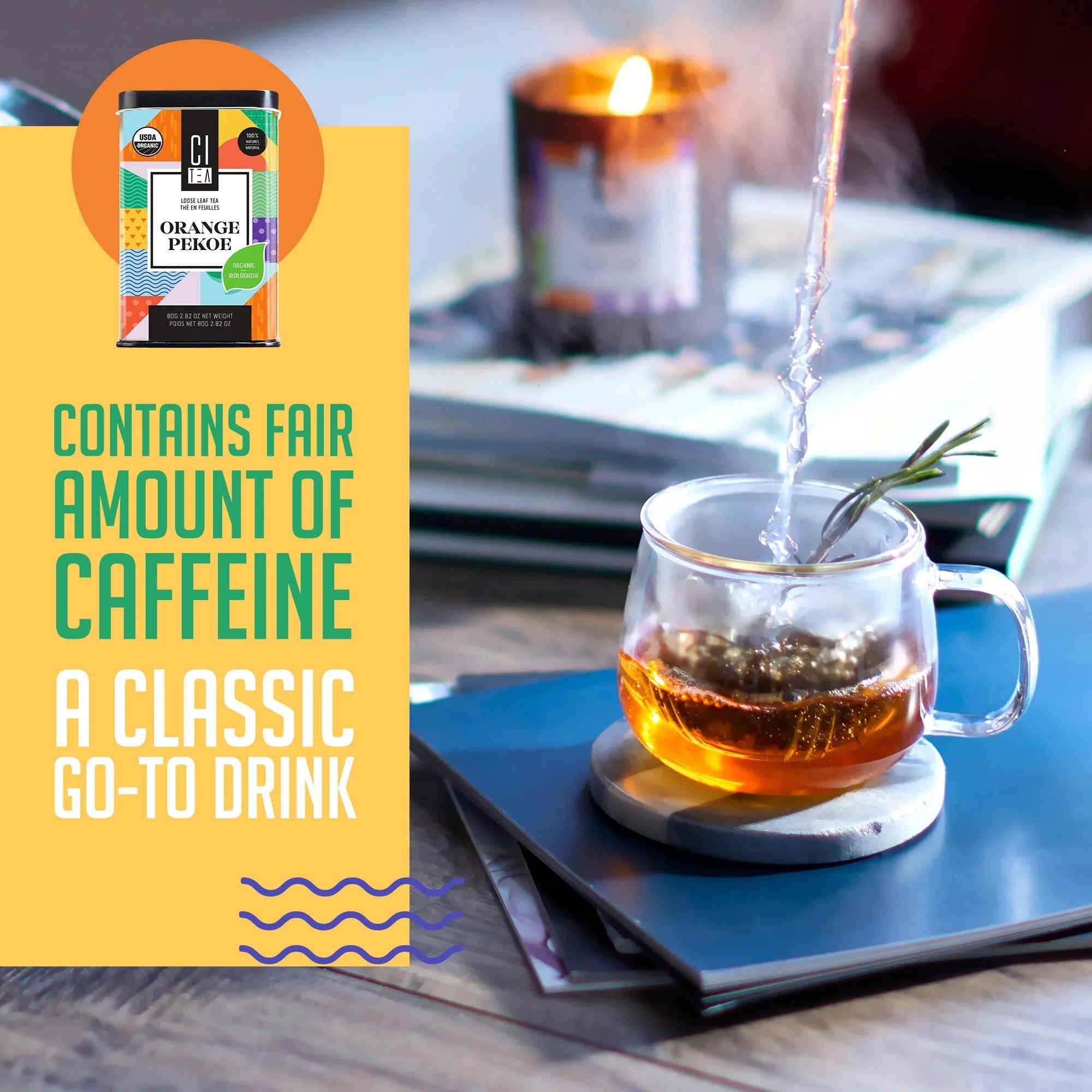 Glass cup of orange pekoe tea on table with steam, candle, and product label text overlay.
