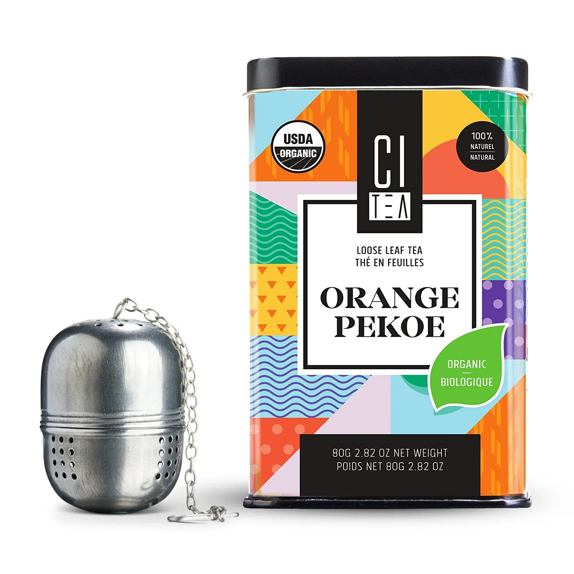 Organic Orange Pekoe loose leaf tea tin with tea infuser and colorful packaging