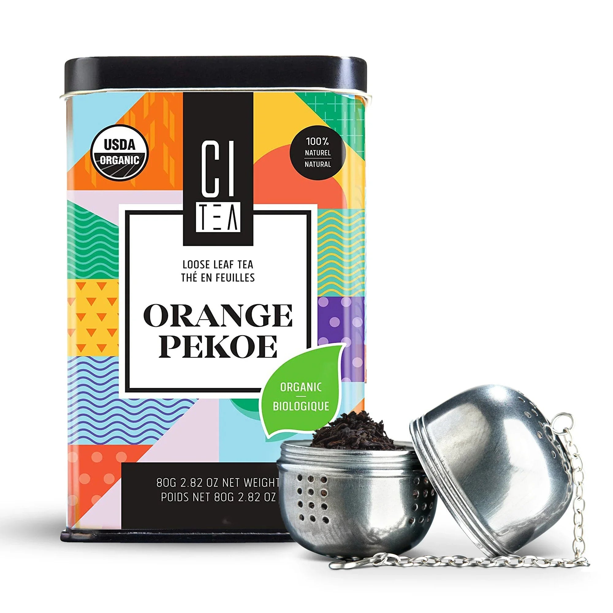 Organic Orange Pekoe loose leaf tea tin with colorful design and metal tea infuser