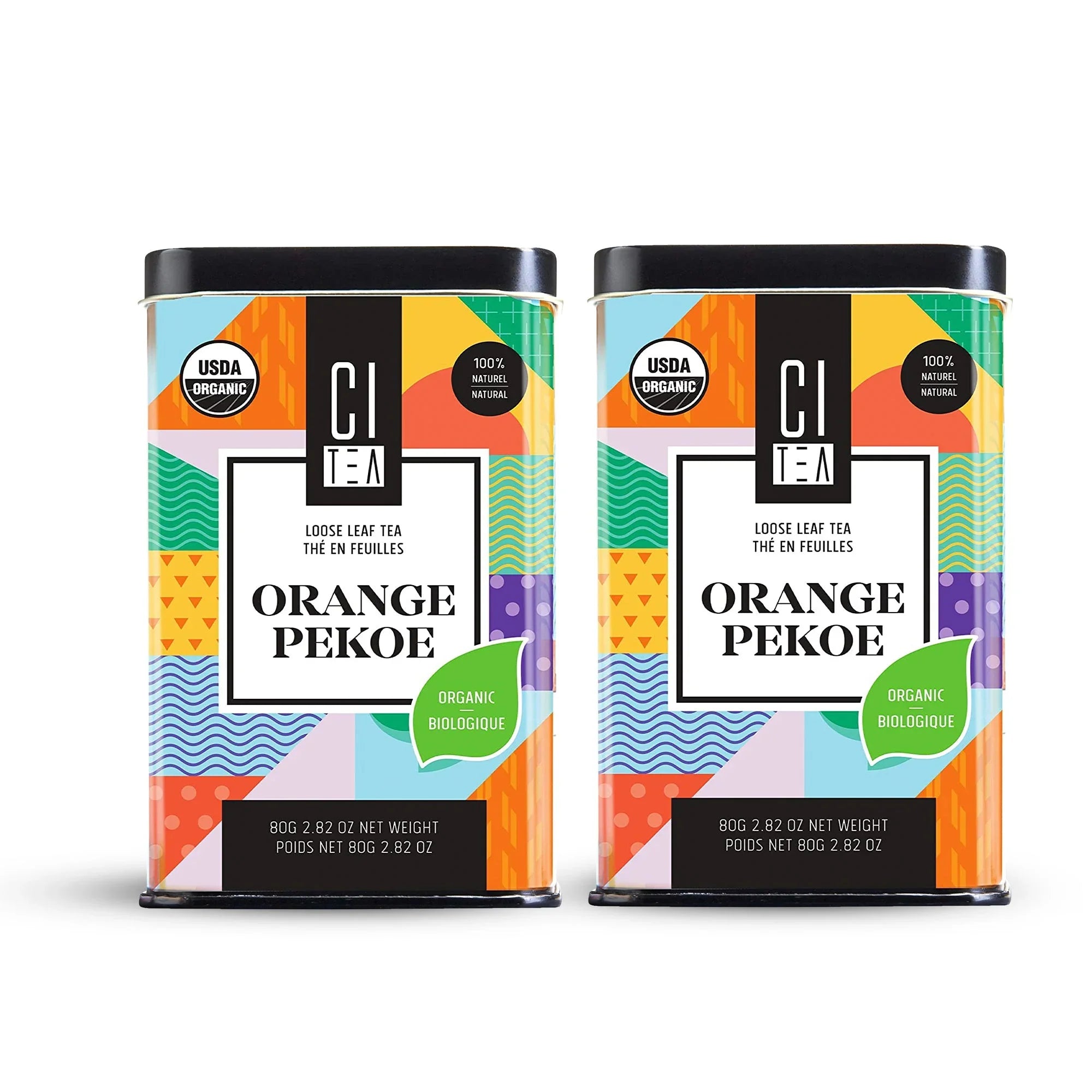 Two CI Tea Orange Pekoe organic loose leaf tea tins with colorful geometric labels