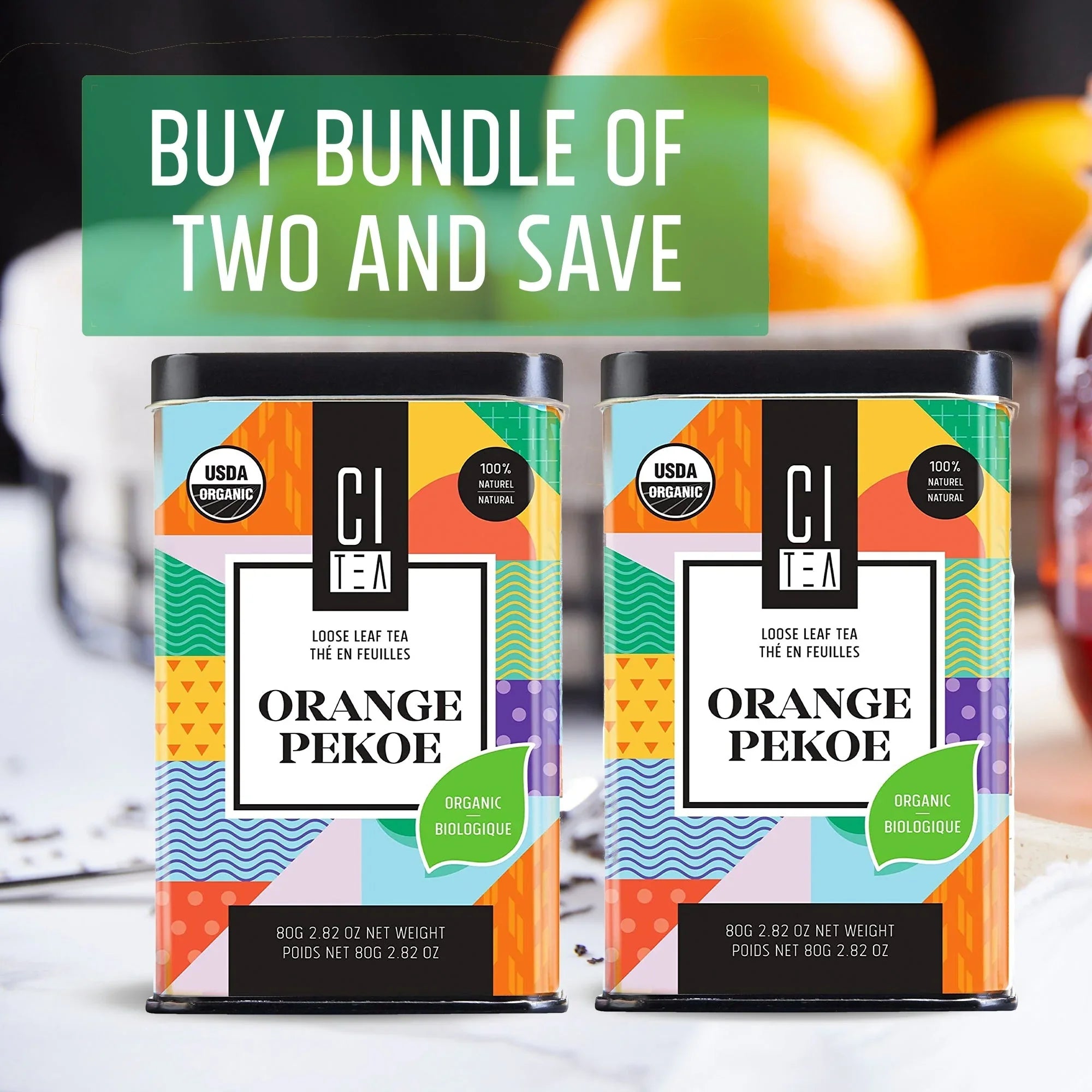 Two colorful tins of CiTea Organic Orange Pekoe loose leaf tea with 'Buy Bundle of Two and Save' text.