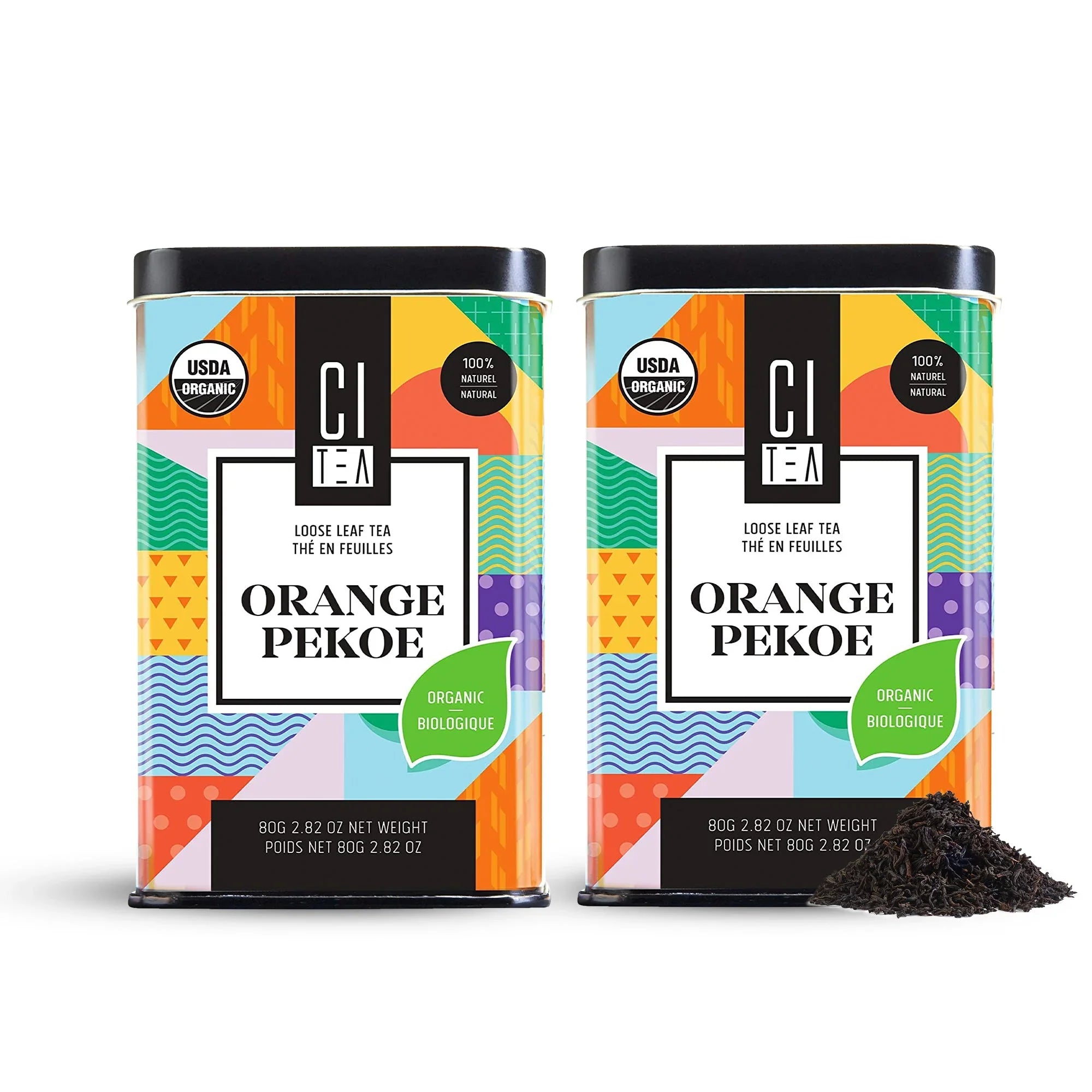 Two CI Tea Orange Pekoe organic loose leaf tea tins with colorful packaging and tea leaves.