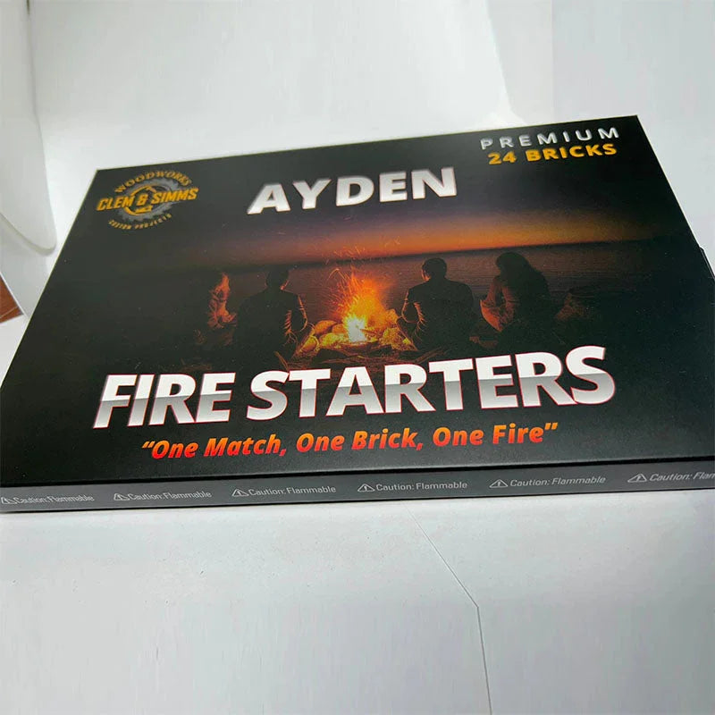 Ayden fire starters box with people around a campfire, premium 24 bricks, outdoor fire product