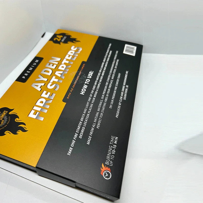 Ayden Fire Starters box with gold and black packaging, 24 count, burning time info visible