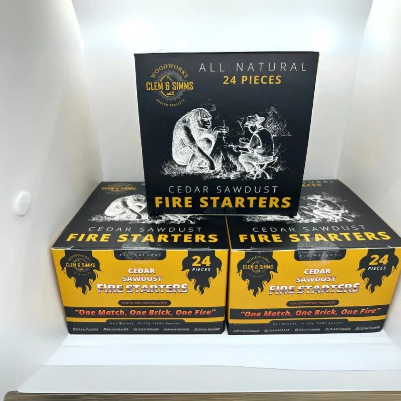 Clem & Simms cedar sawdust fire starters boxes with 24 pieces, all natural, on display