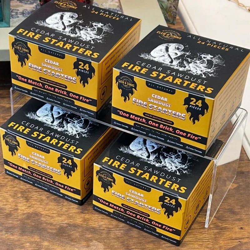 Display of cedar sawdust fire starters boxes, 24 pieces, all natural fire starting product