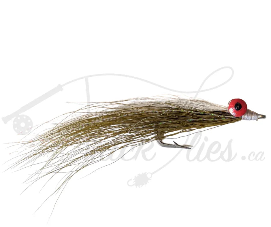 Clouser Minnow olive and white fishing fly with red eyes on white background