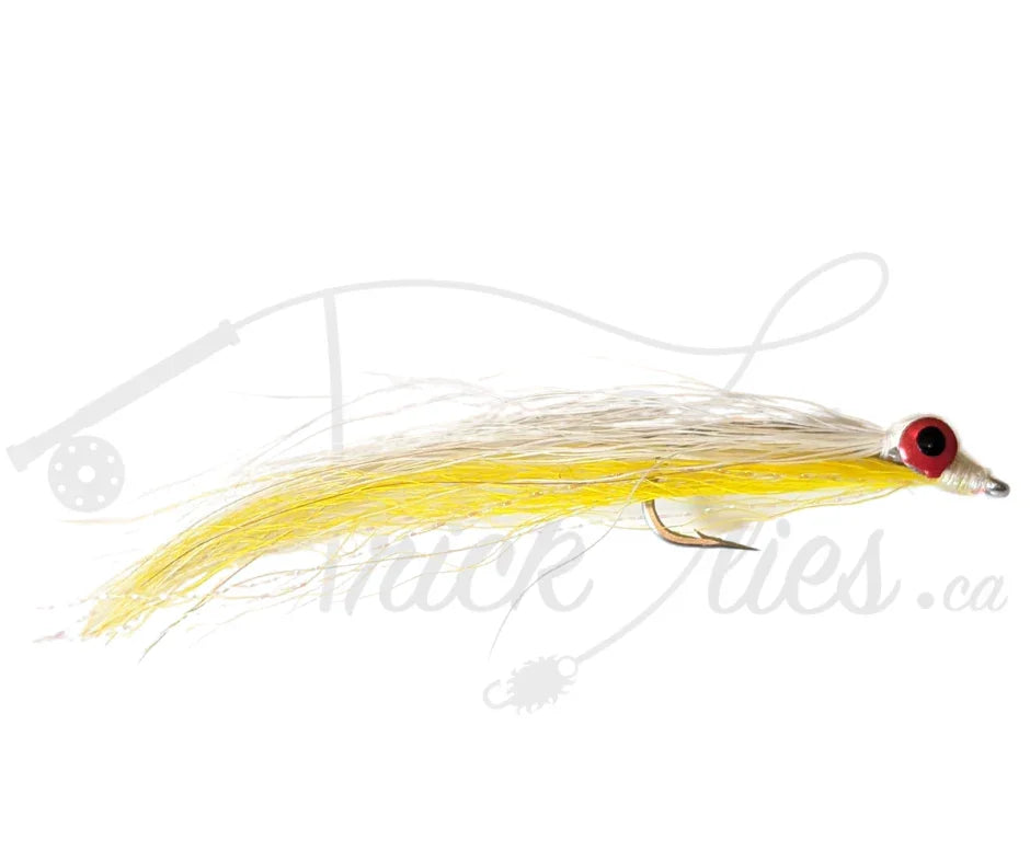 Clouser Minnow yellow and white fishing fly with red eyes and metal hook on white background