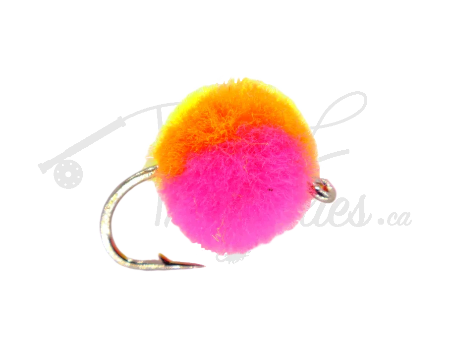Bright orange and pink clown egg fishing fly on metal hook, isolated on white background