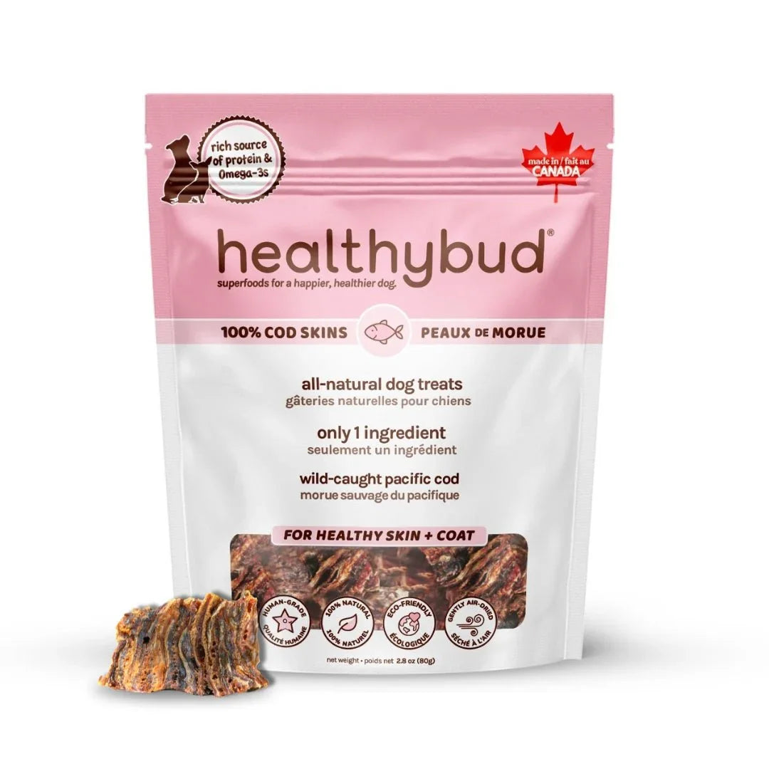 Healthybud 100% cod skin cubes all-natural dog treats, wild-caught pacific cod, pouch and cubes