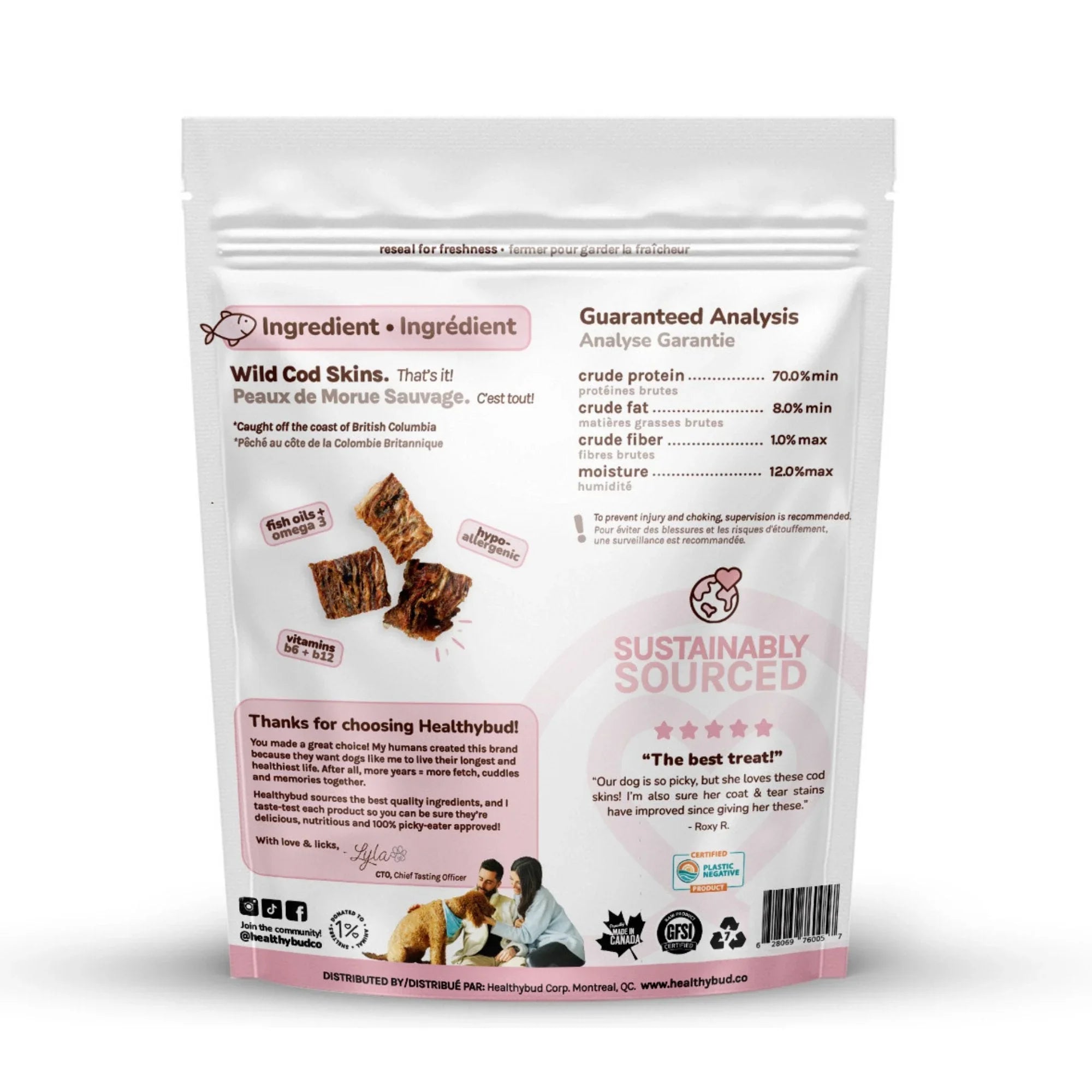 Back of Healthybud wild cod skin dog treats bag with product info and images of cod skin cubes