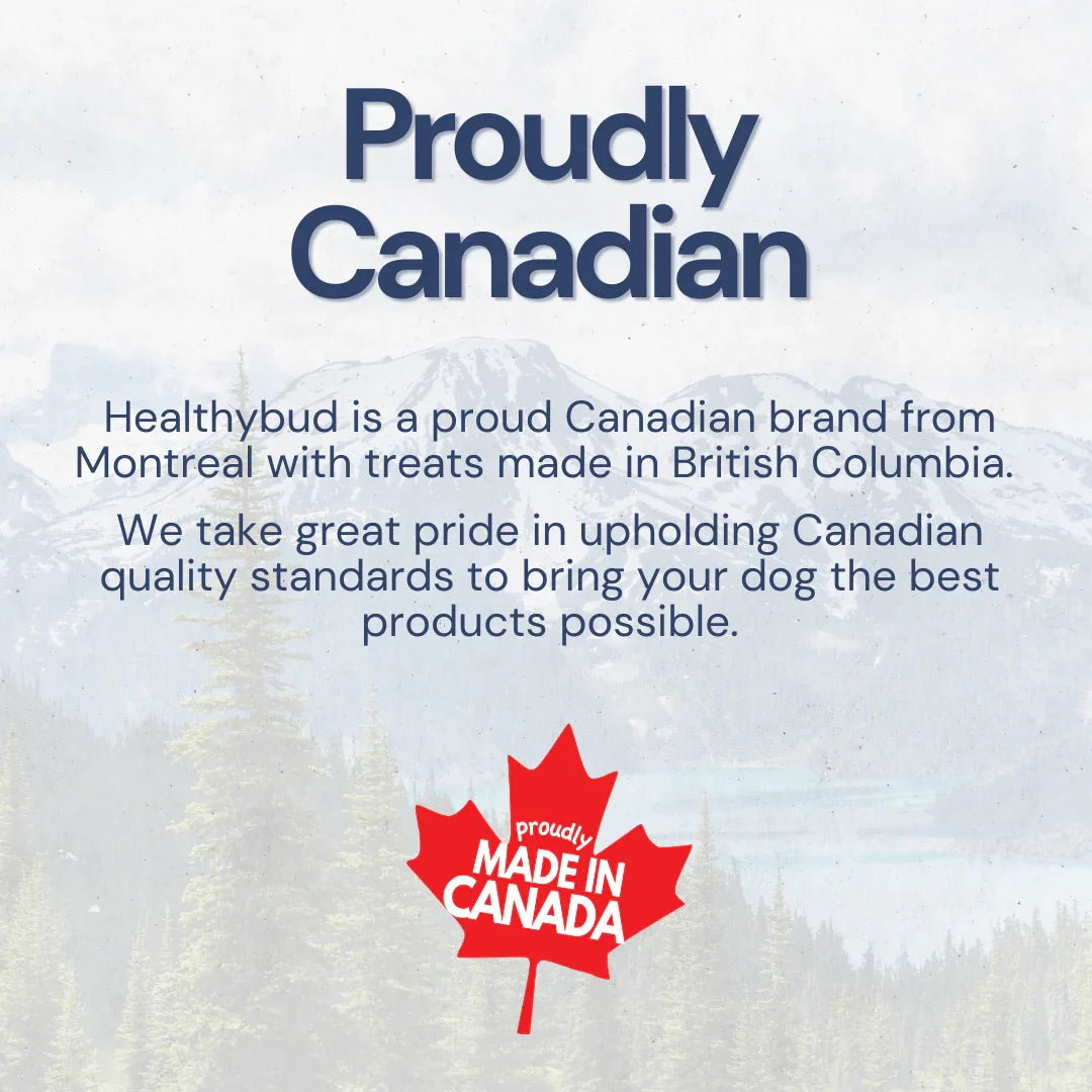Proudly Canadian text with red maple leaf, mountains and trees, highlighting Canadian-made dog treats.