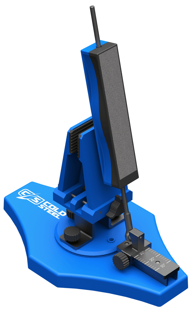 Cold Steel blue knife sharpening system with adjustable angle guide and clamp base