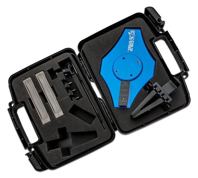 Benchtop knife sharpener kit in black carrying case with foam insert and blue tool