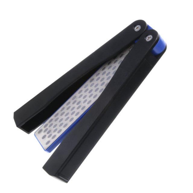 Double sided folding knife sharpener with black handles and diamond abrasive surface.