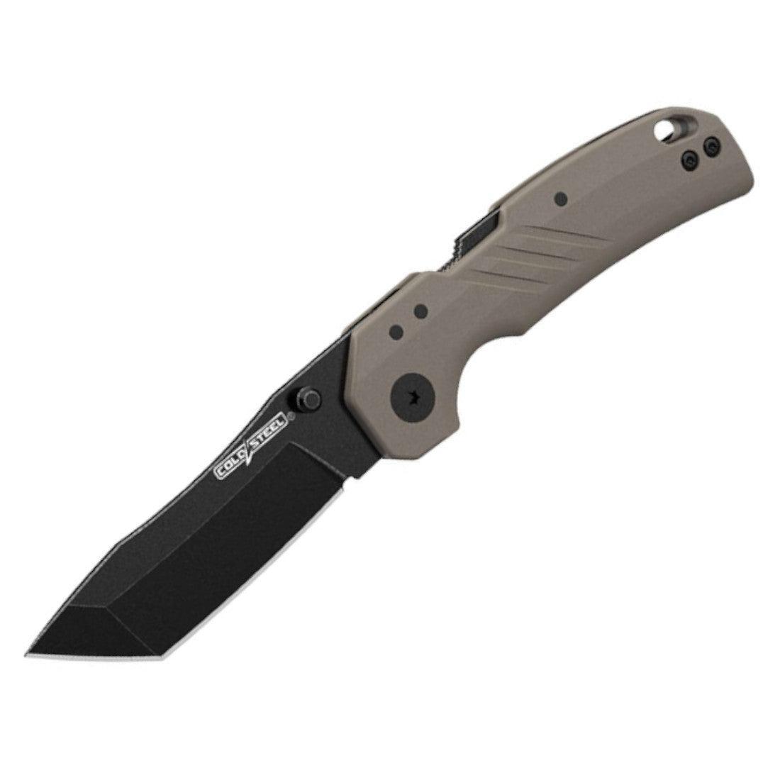 Cold Steel folding knife with black tanto blade and flat dark earth handle