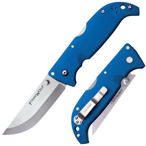 Cold Steel Finn Wolf folding knife with blue handle, shown open and closed