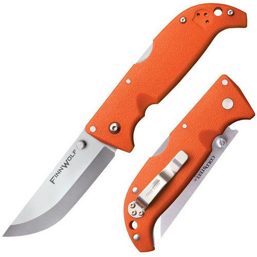 FinnWolf folding knife with orange handle and stainless steel blade, shown open and closed