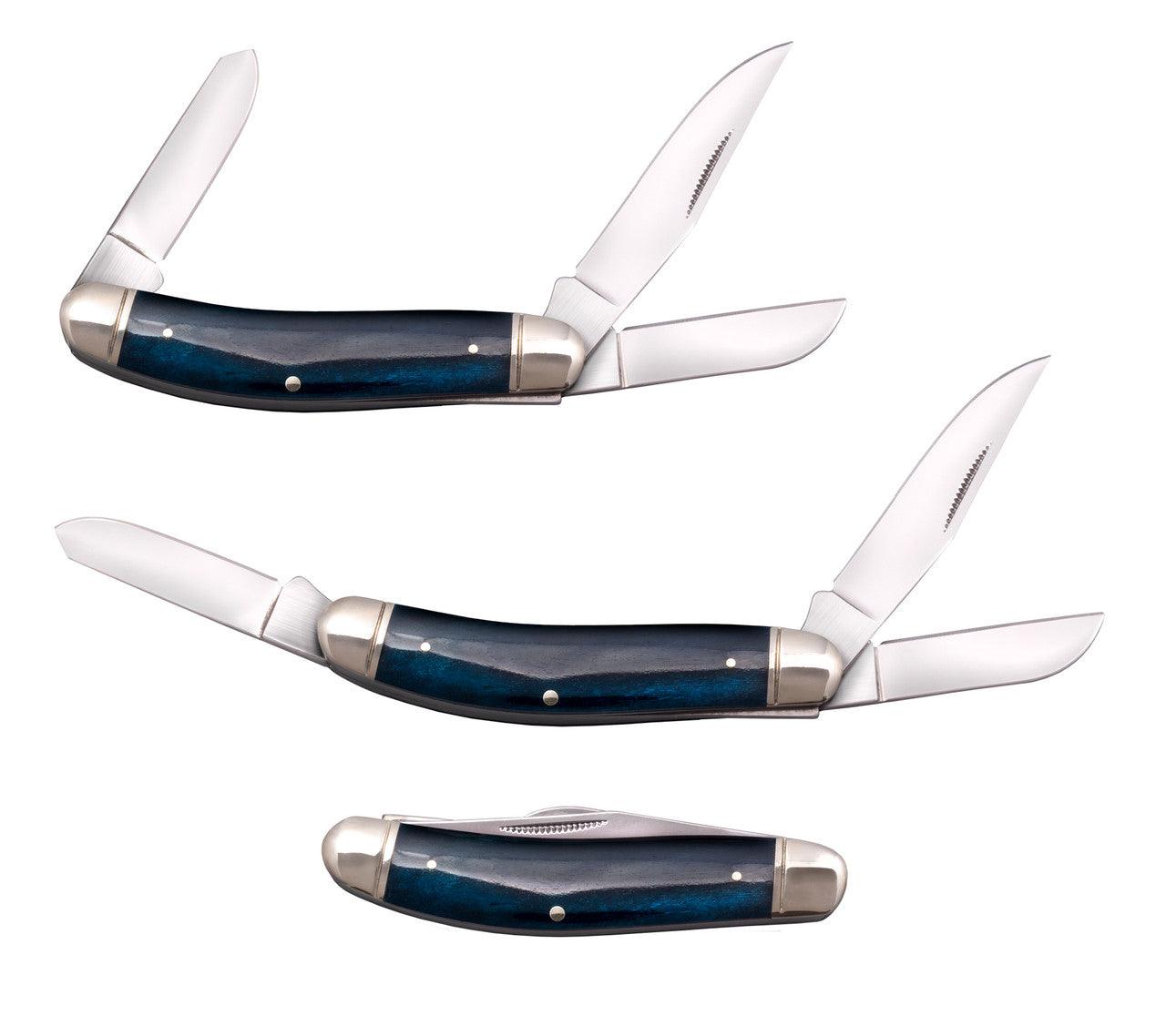 Blue bone stockman pocket knife with three stainless steel blades, shown open and closed