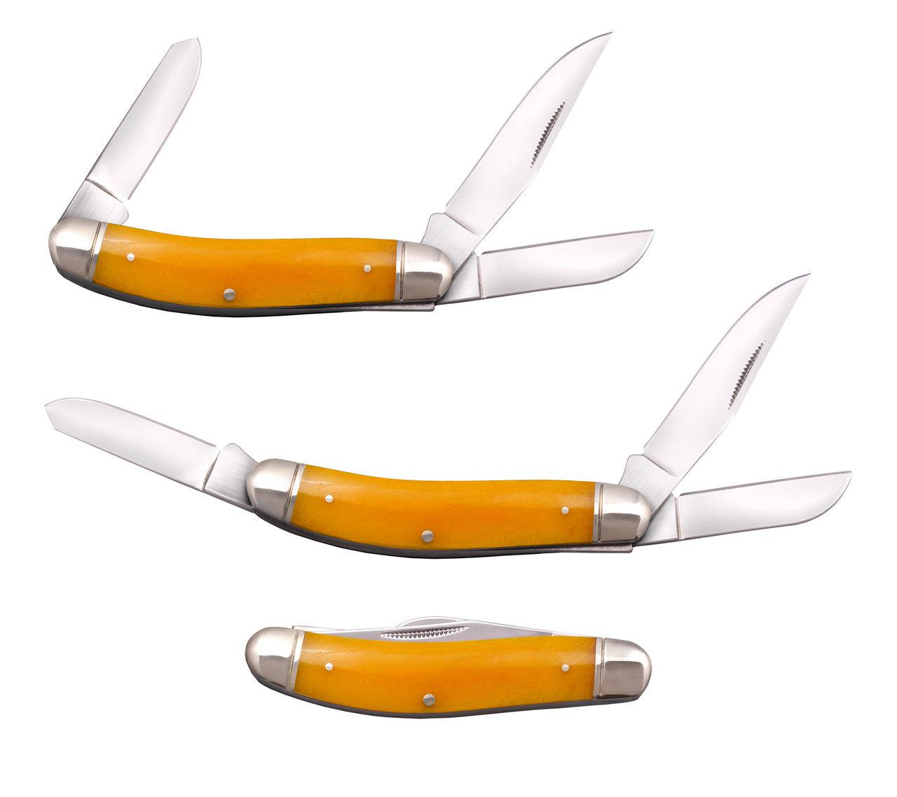 Yellow handle pocket knife with three stainless steel blades on white background