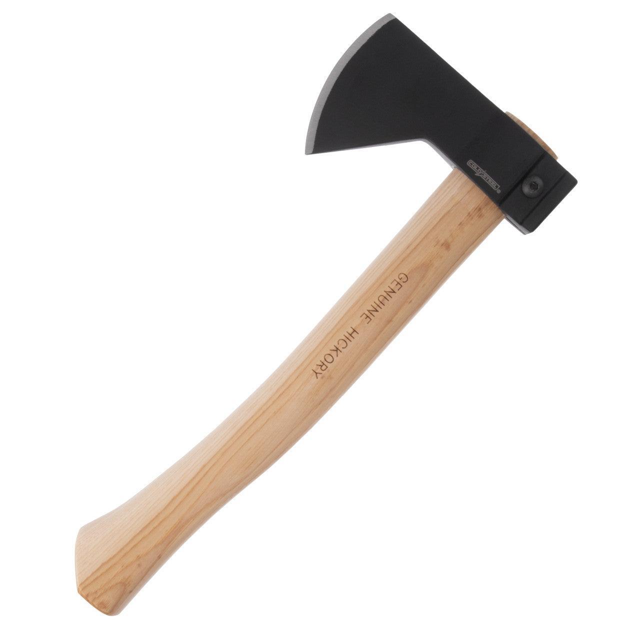 Cold Steel Hudson Bay hatchet with black steel blade and genuine hickory wood handle